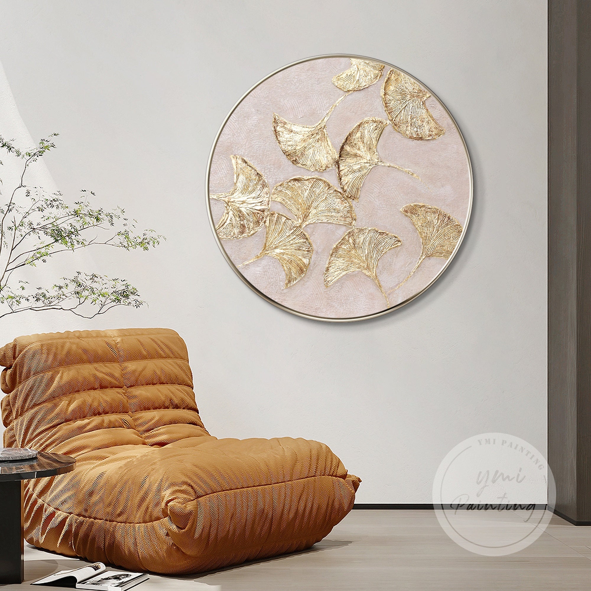 Hand-painted Ginkgo leaf round painting with gold leaf accents, ideal for adding a touch of luxury and modern charm to your space.