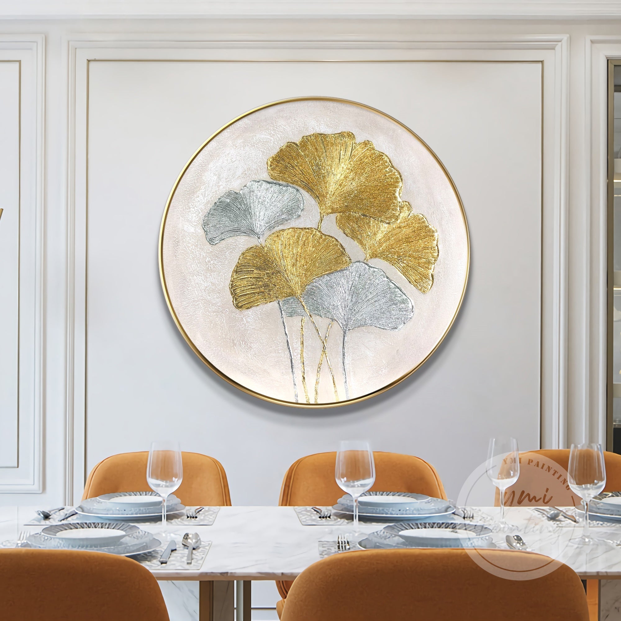 Gold and silver leaf ginkgo round painting with textured details, a stunning abstract artwork for modern interiors.