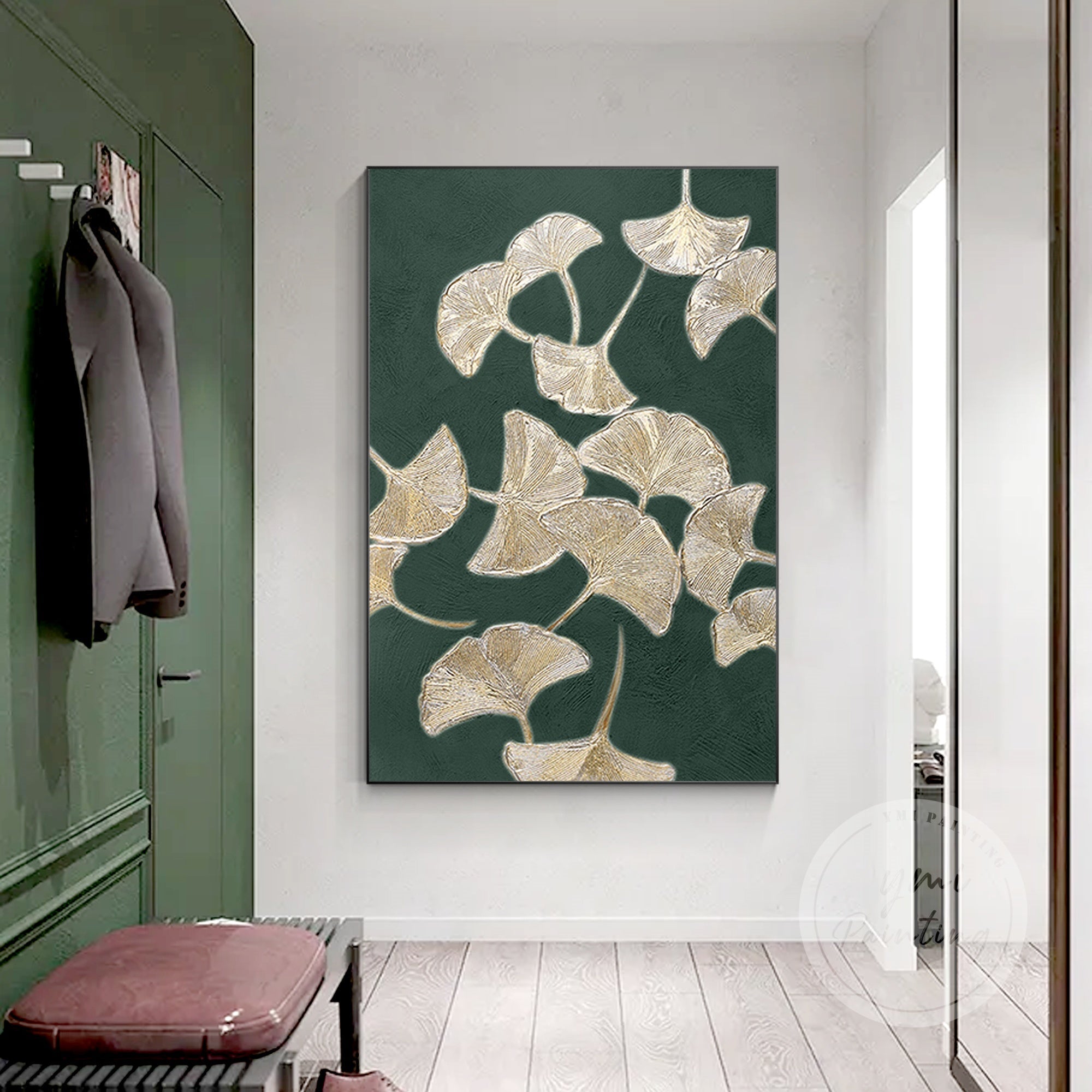 Extra large gold ginkgo biloba painting on canvas, blending dark green tones with luxurious gold leaf details.