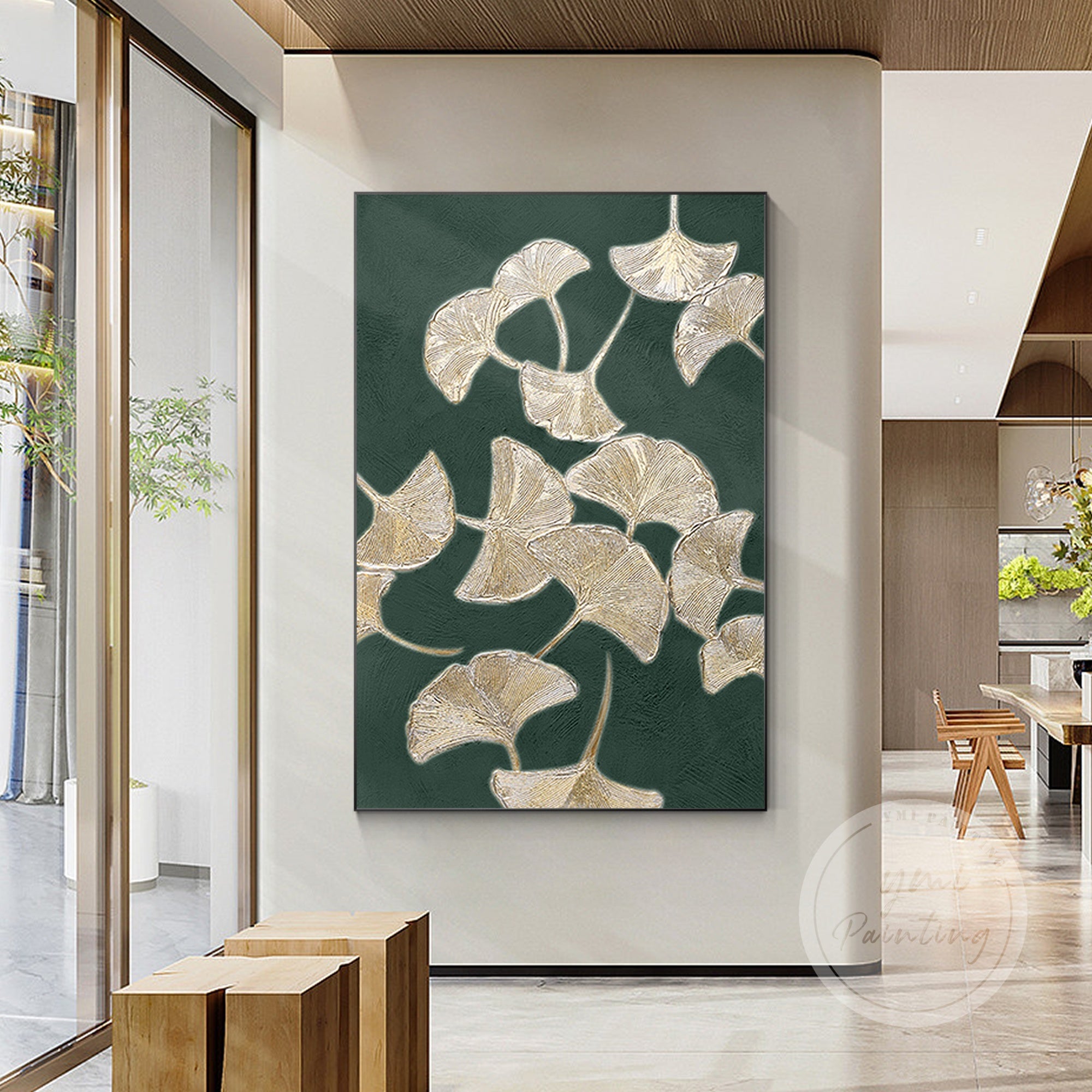 Textured botanical wall art featuring gold ginkgo leaves on a deep green background, perfect for elegant interiors.