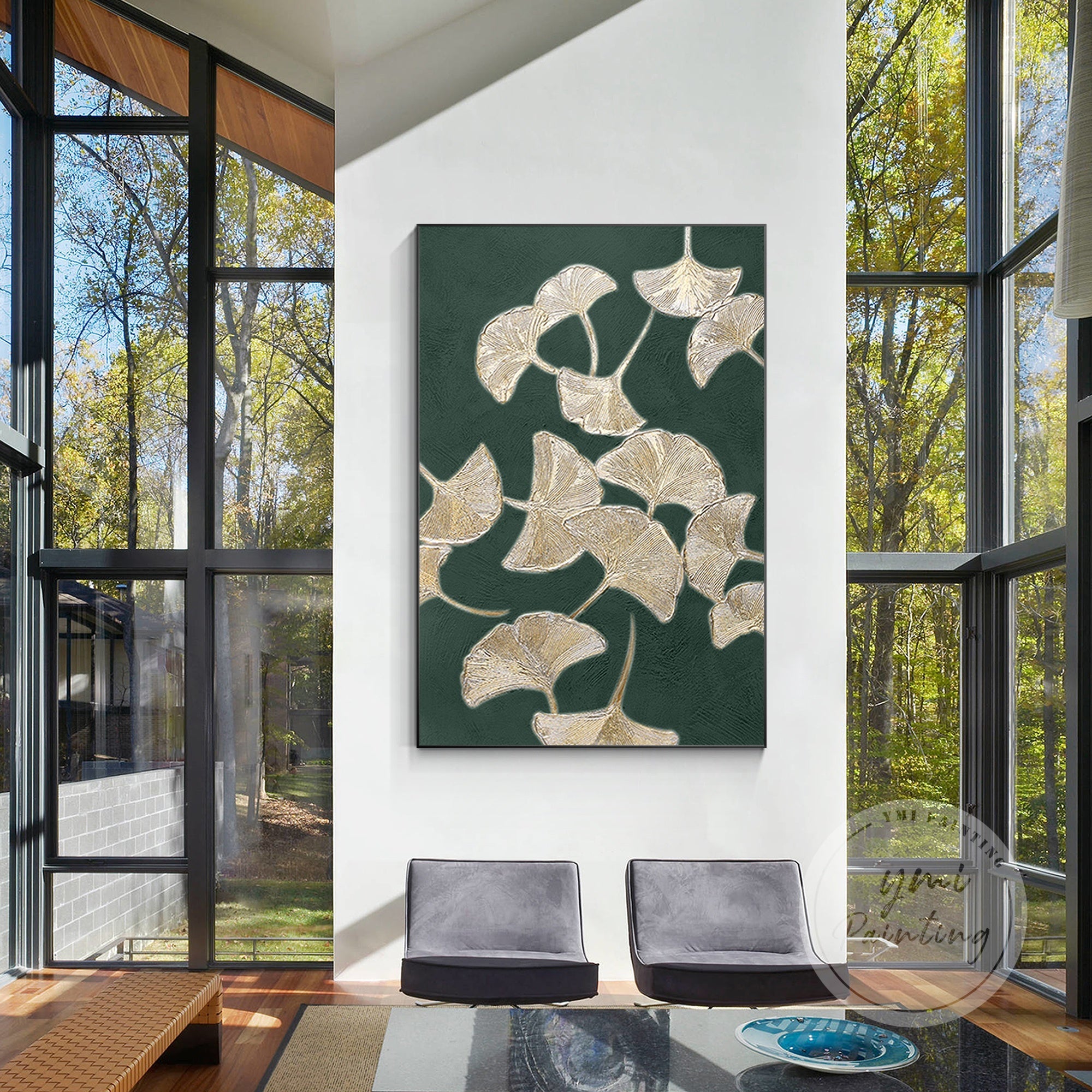 Hand-painted gold leaf ginkgo artwork with bold textures and a contemporary aesthetic.