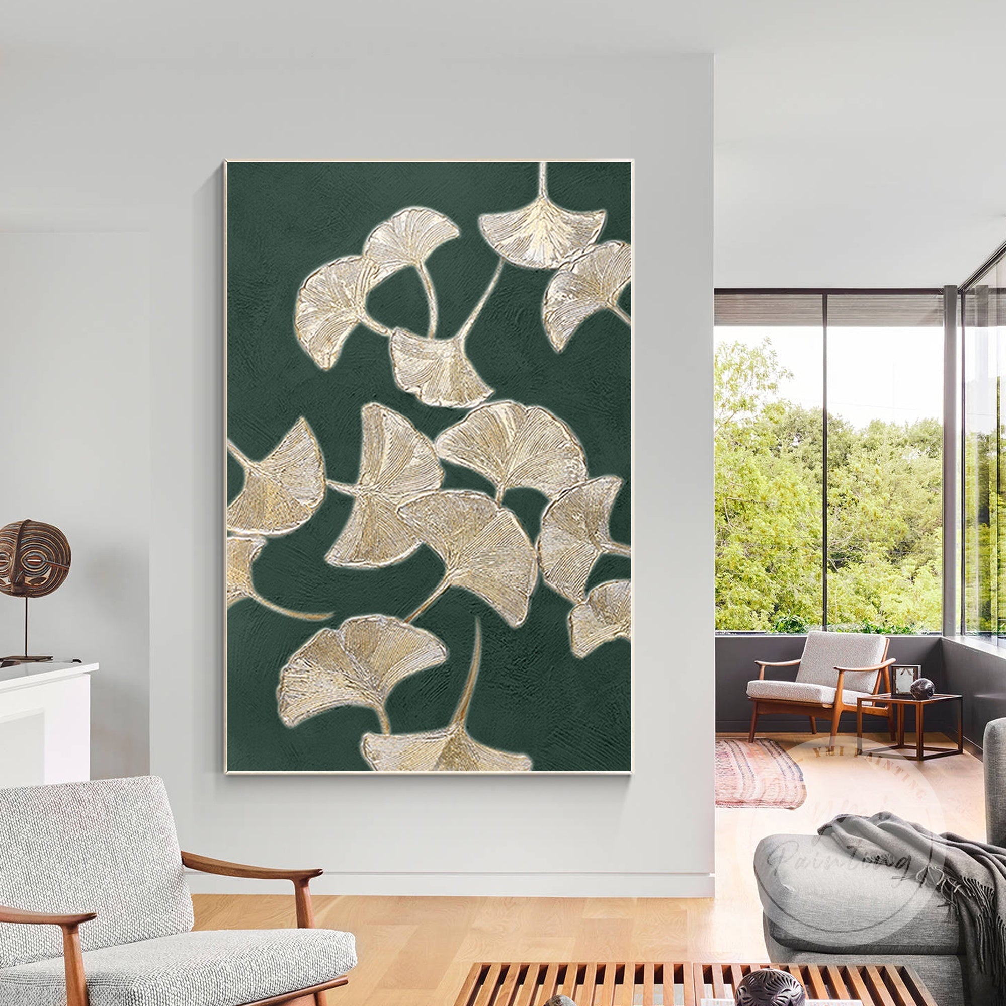 Dark green and gold abstract tree painting, ideal for enhancing living room or office decor.