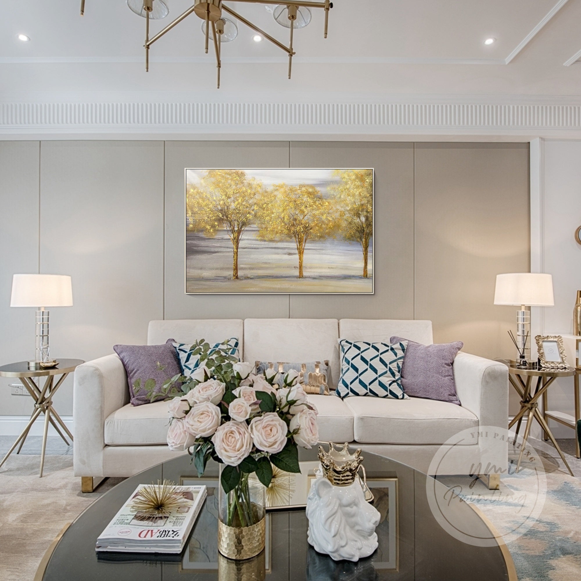 Framed Abstract Tree Painting with gold and silver tones, ideal for creating a luxurious and serene ambiance.