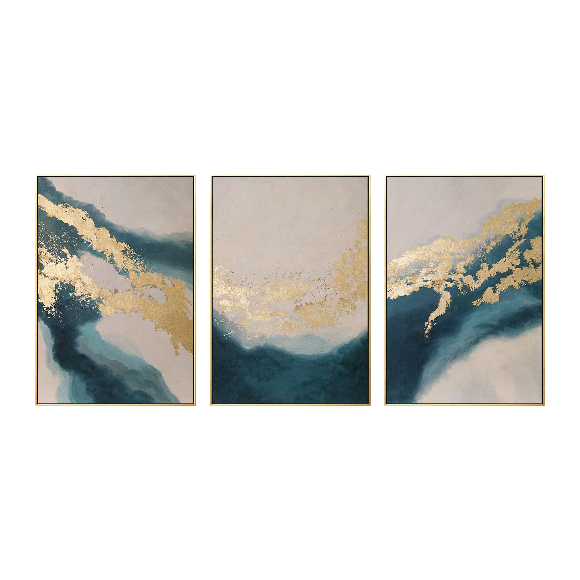 Triple Turquoise and Gold Abstract Wall Art Ocean-Inspired Canvas 3