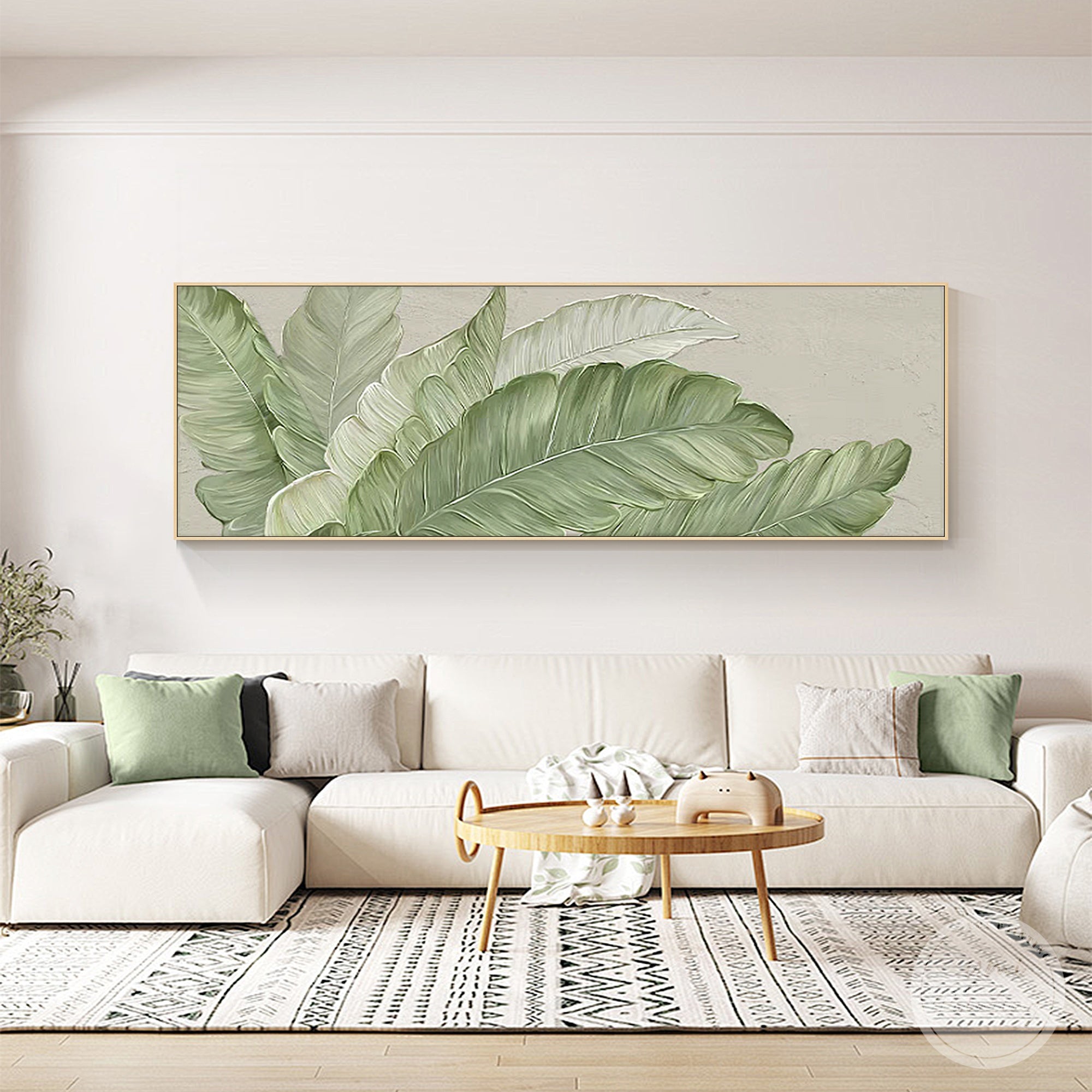 Tropical greenery single canvas art displayed above a living room sofa