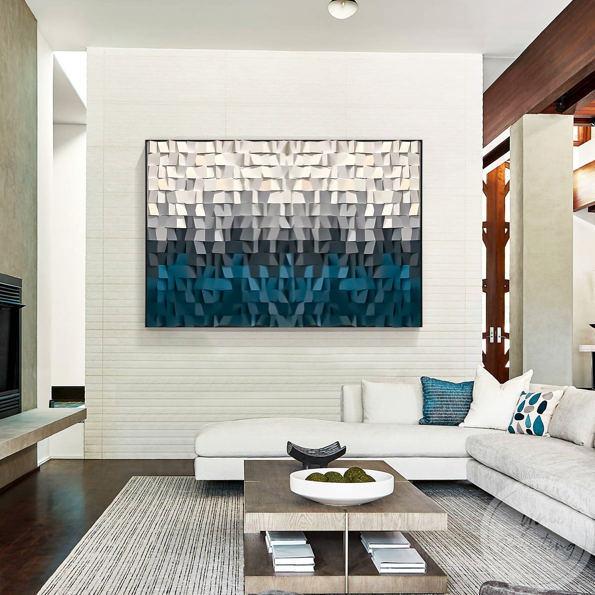 Reclaimed wood wall art made of small wooden blocks with blue green to white gradient displayed in a living room