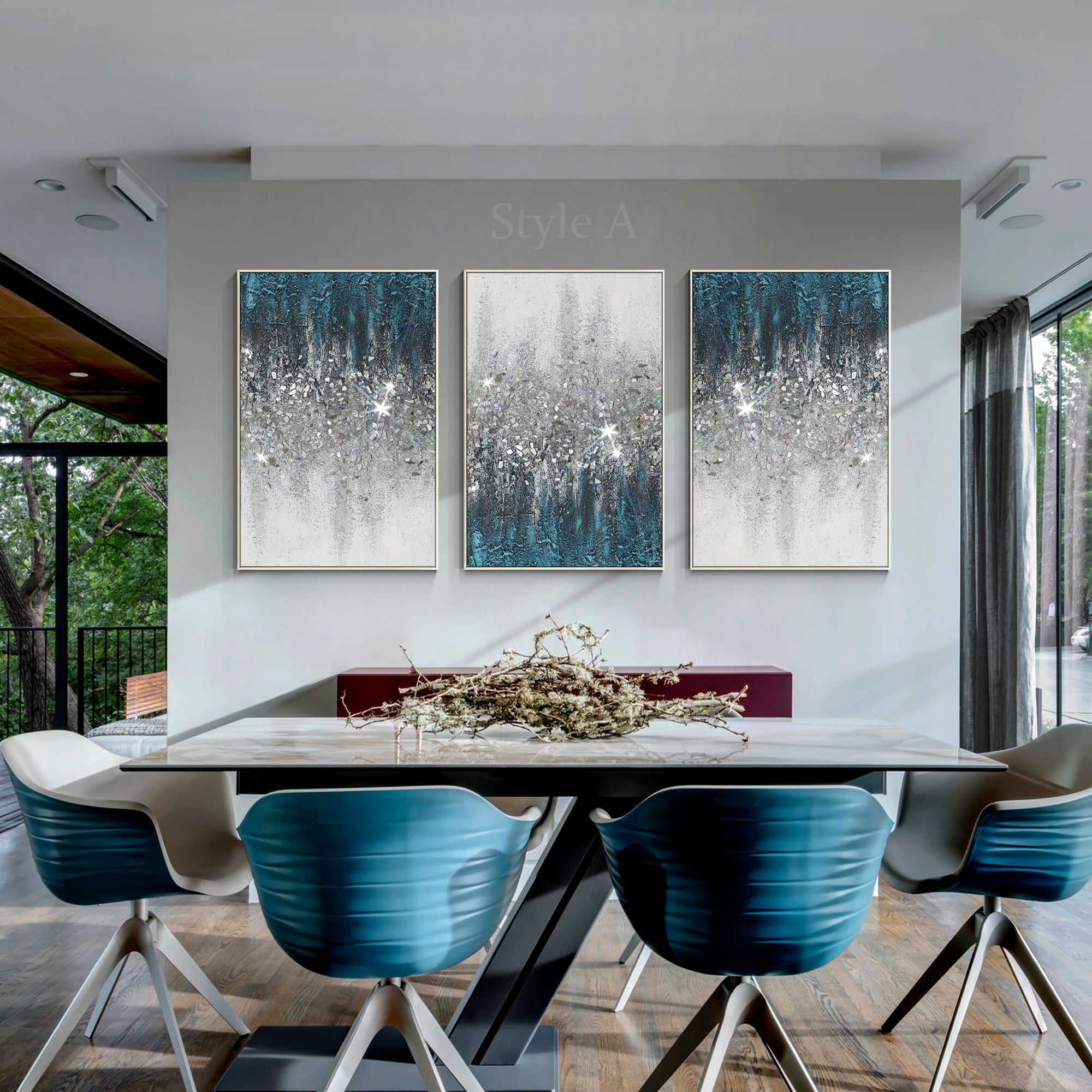 Layered turquoise glitter abstract painting highlighting handcrafted texture and shimmer