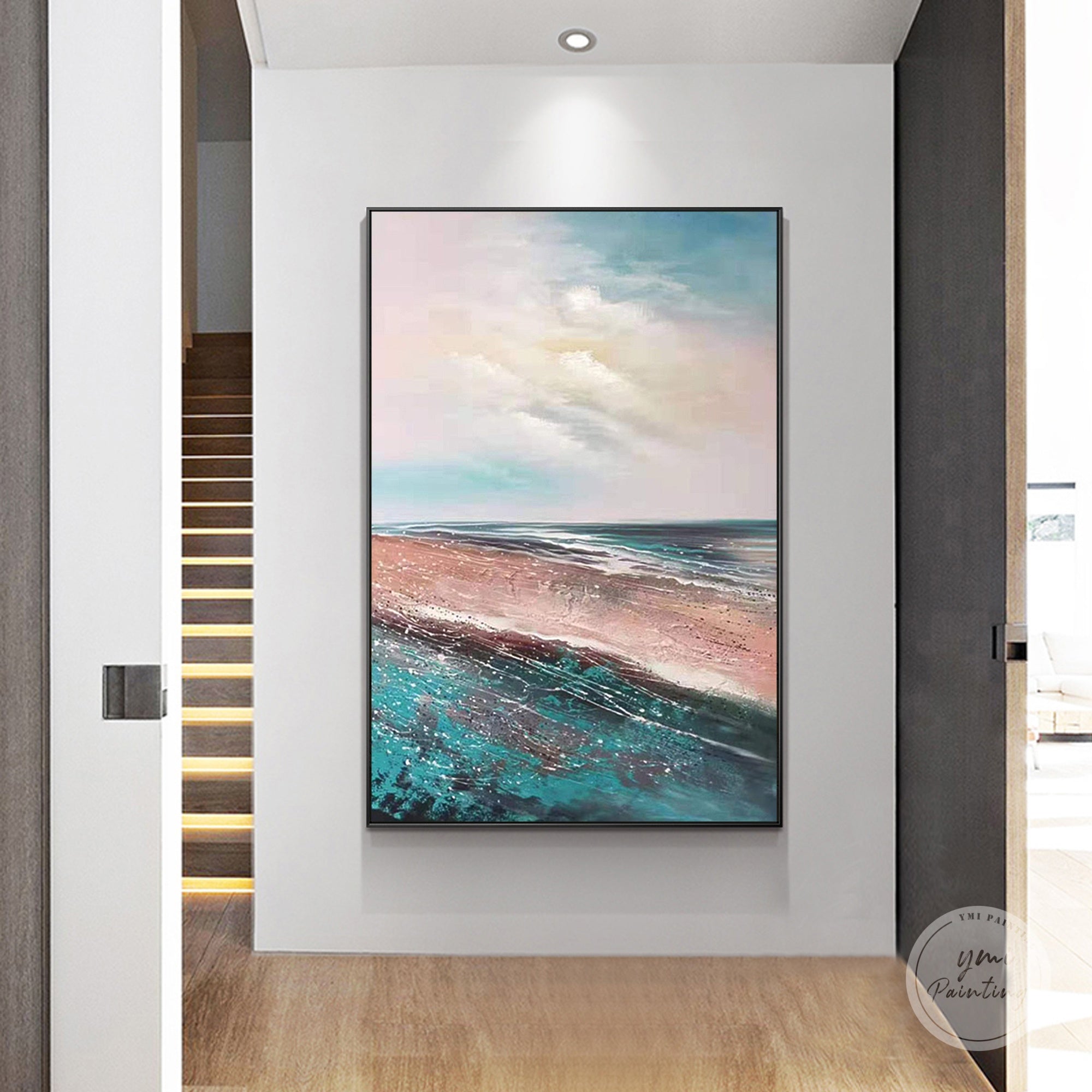 Turquoise ocean painting for entryway hallway with textured waves and sandy shore