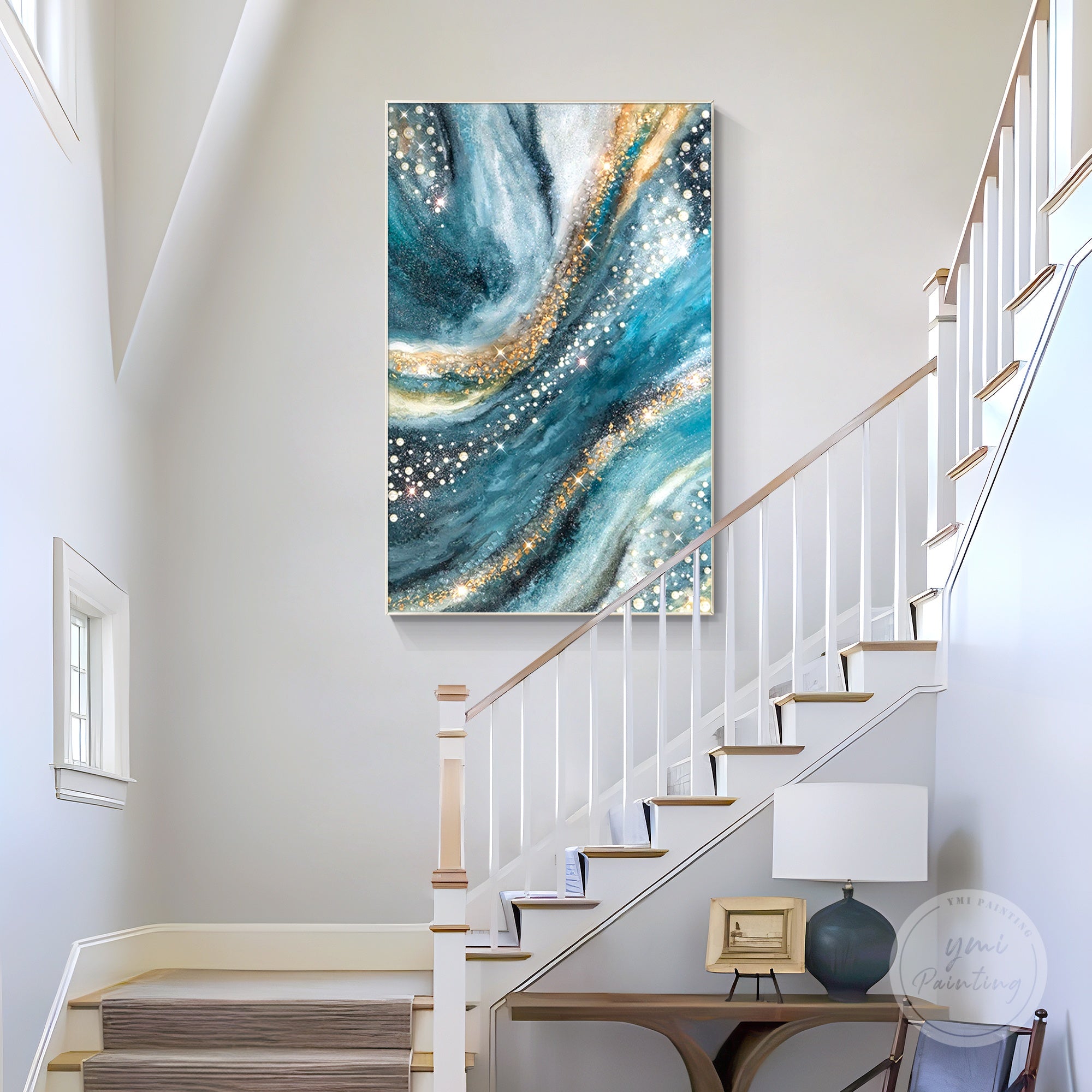 Luxury resin wall art with turquoise tones and sculptural pearl element.