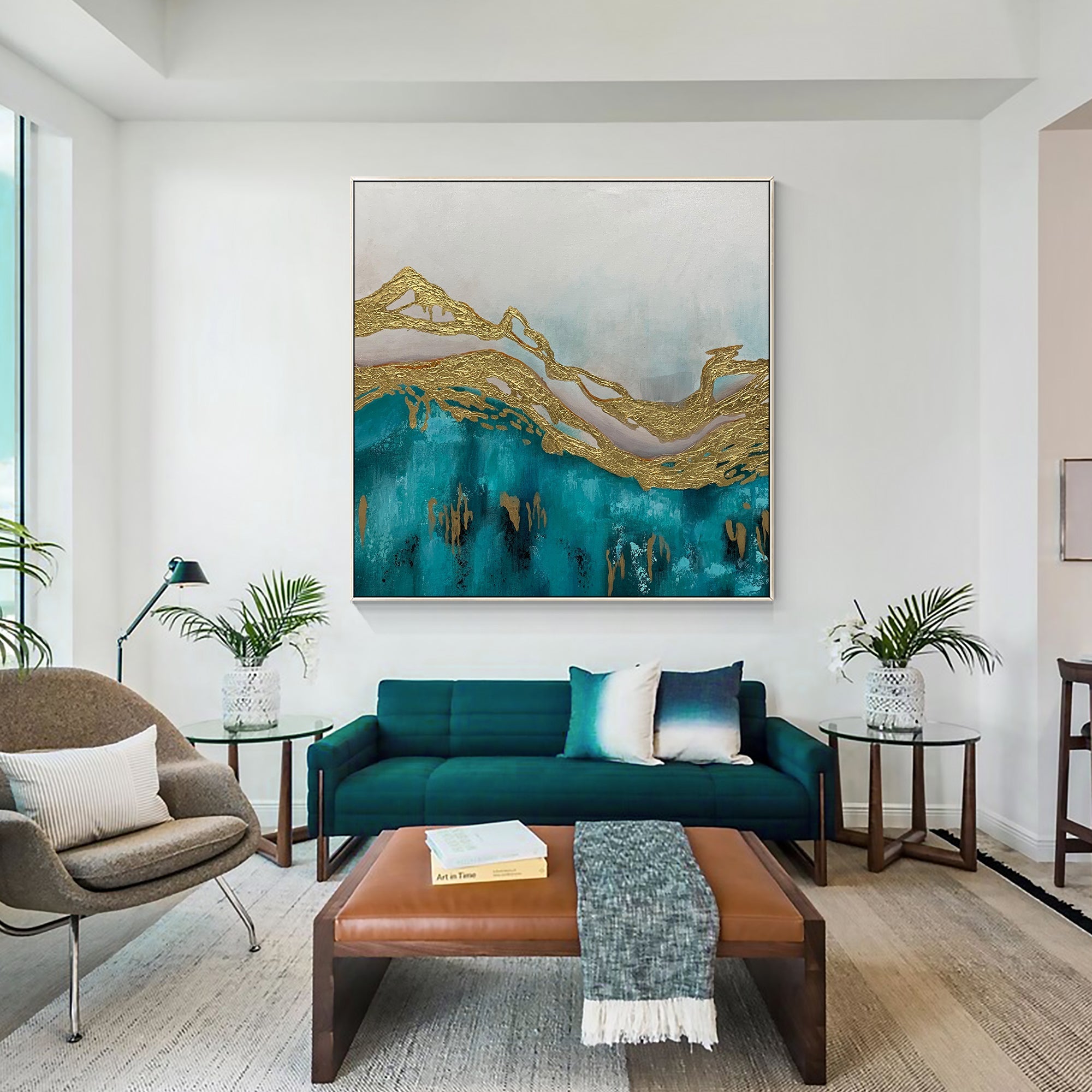 Modern abstract mountain artwork in turquoise and gold for living room decor