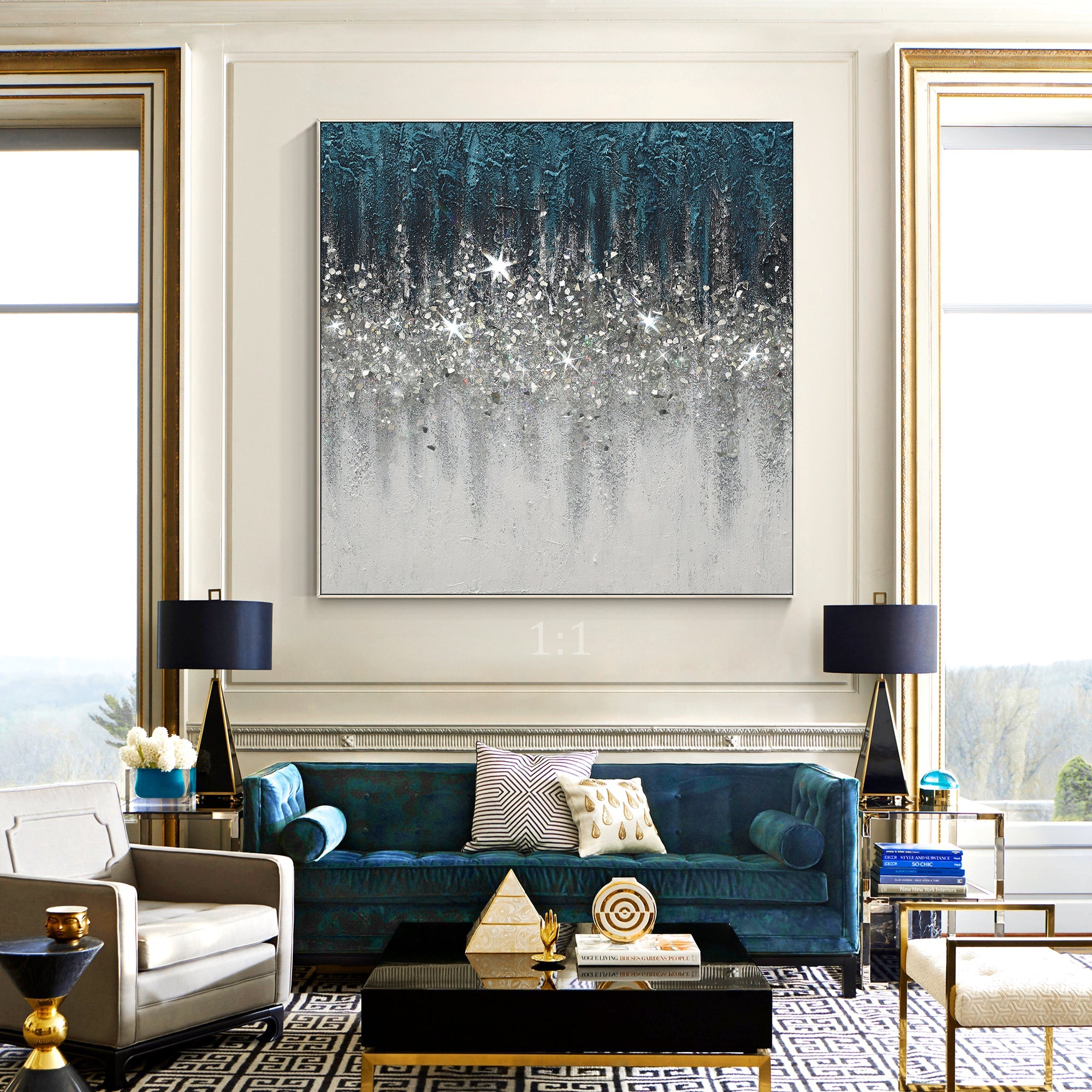 Abstract Turquoise Crushed Glass Wall Art with Silver Glitter Gradient