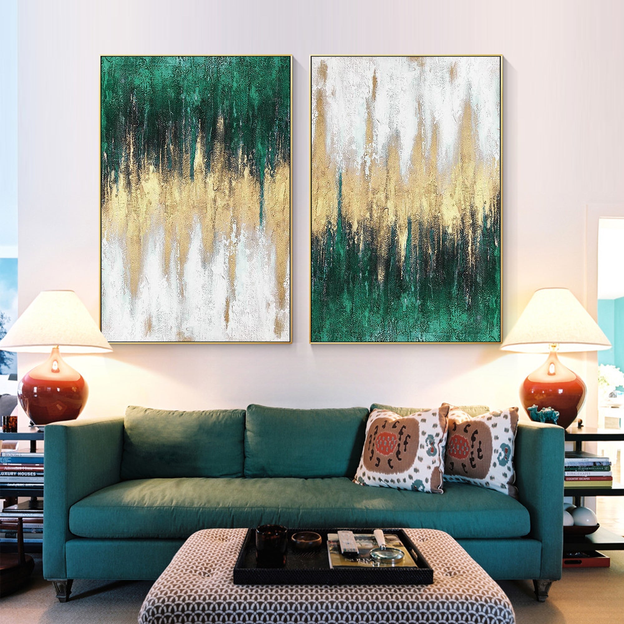 Upside down green gold white abstract painting set of 2 in a contemporary living room