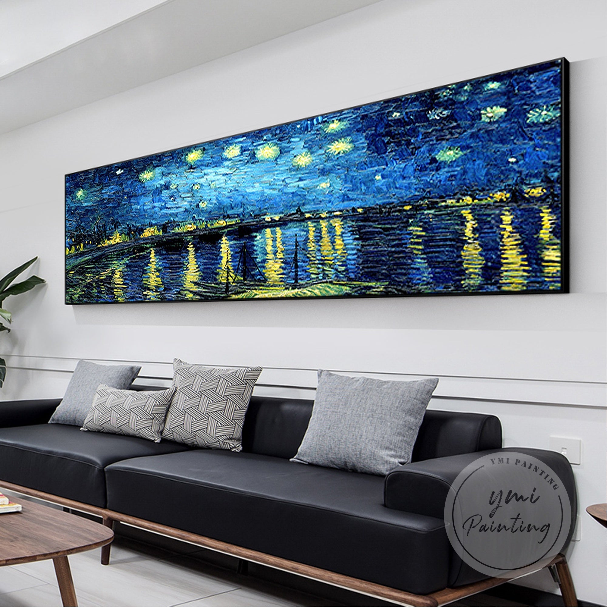 Impressionist long-format wall art of the Rhone river at night.