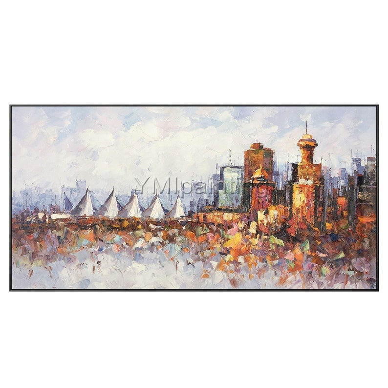 Vancouver skyline oil painting, original cityscape art with expressive palette knife technique.