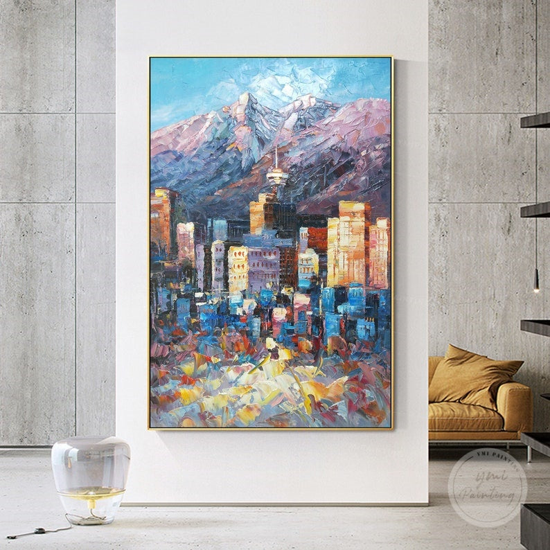 Original Vancouver cityscape, vibrant oil painting with bold brushstrokes and textured palette knife technique.