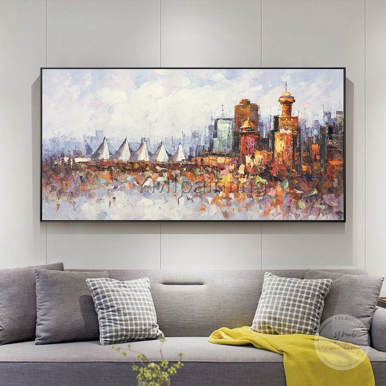 Vibrant Vancouver skyline painting, featuring original palette knife cityscape technique.