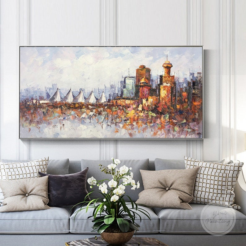 Original Vancouver skyline art, textured oil painting on canvas with dynamic palette knife strokes.