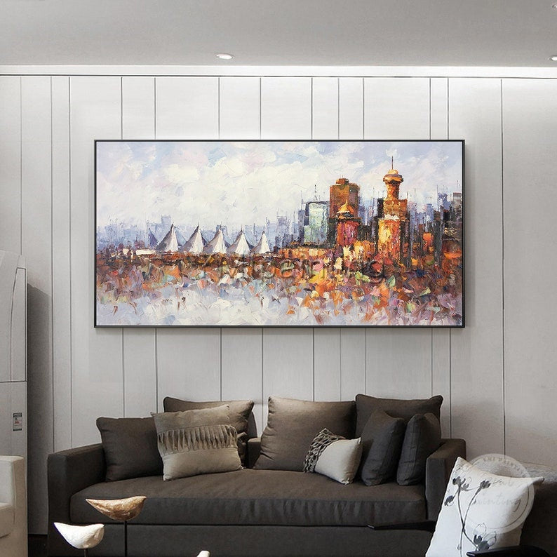 Hand-painted Vancouver skyline painting, featuring rich palette knife texture and urban city design.