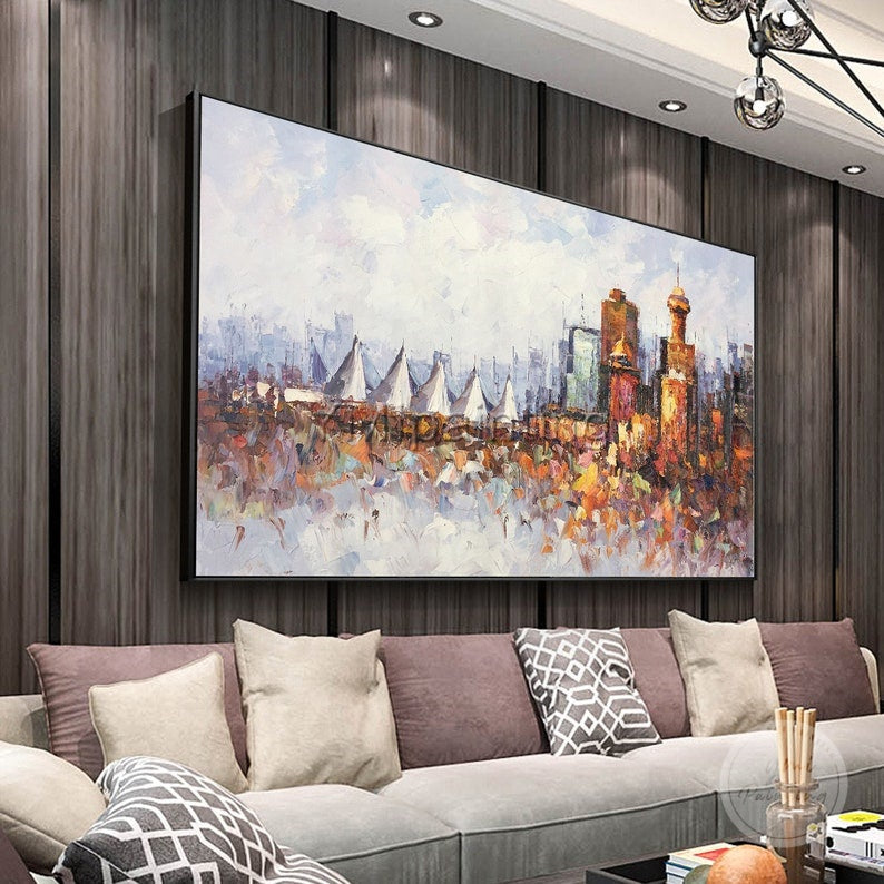 Vancouver city skyline oil painting, original hand-painted cityscape with bold brushstrokes.