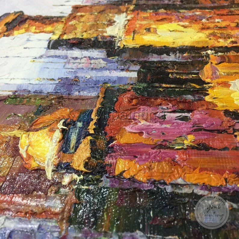 Vancouver cityscape oil painting, expressive city skyline art with textured palette knife strokes.