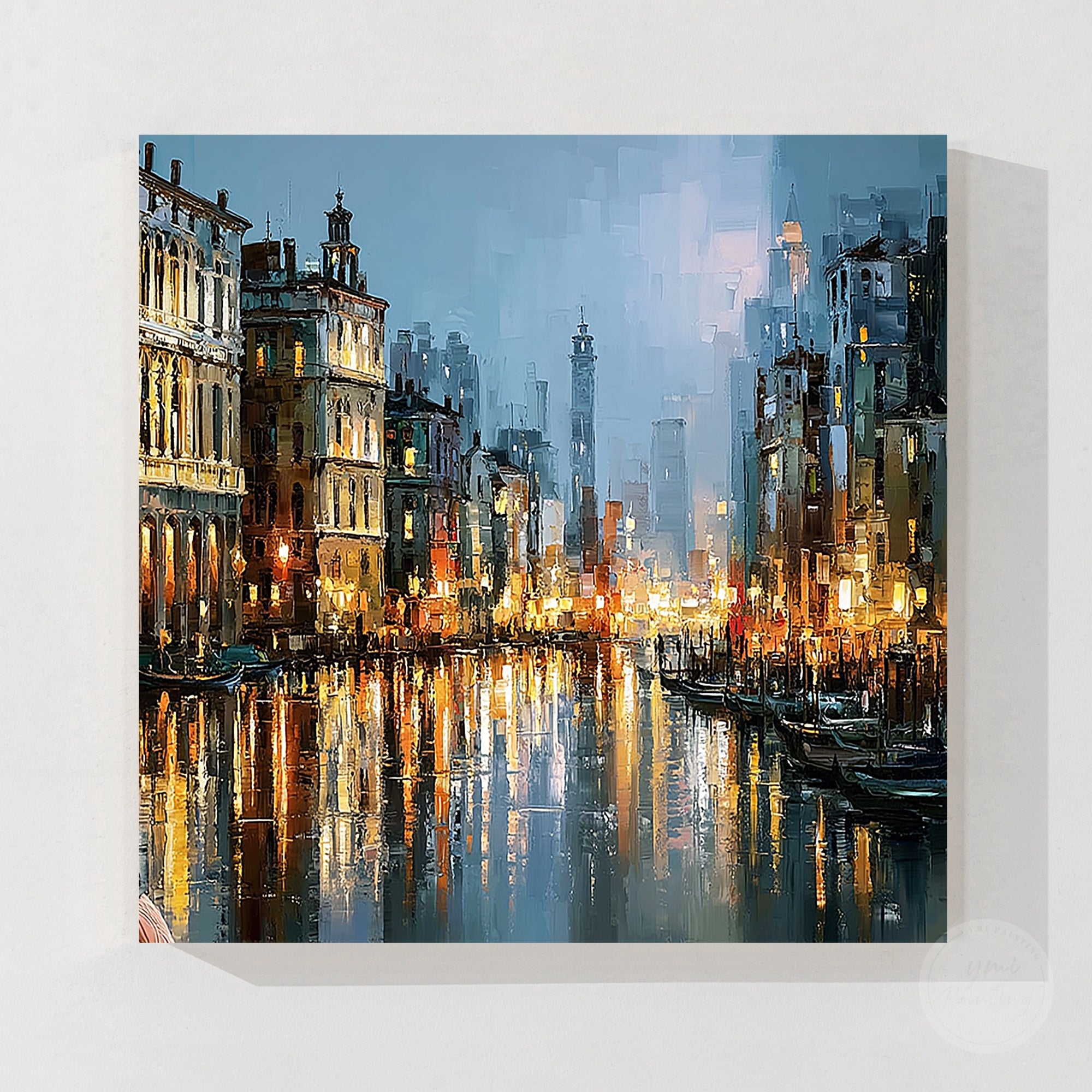 Venetian canal artwork with historic buildings and warm lights