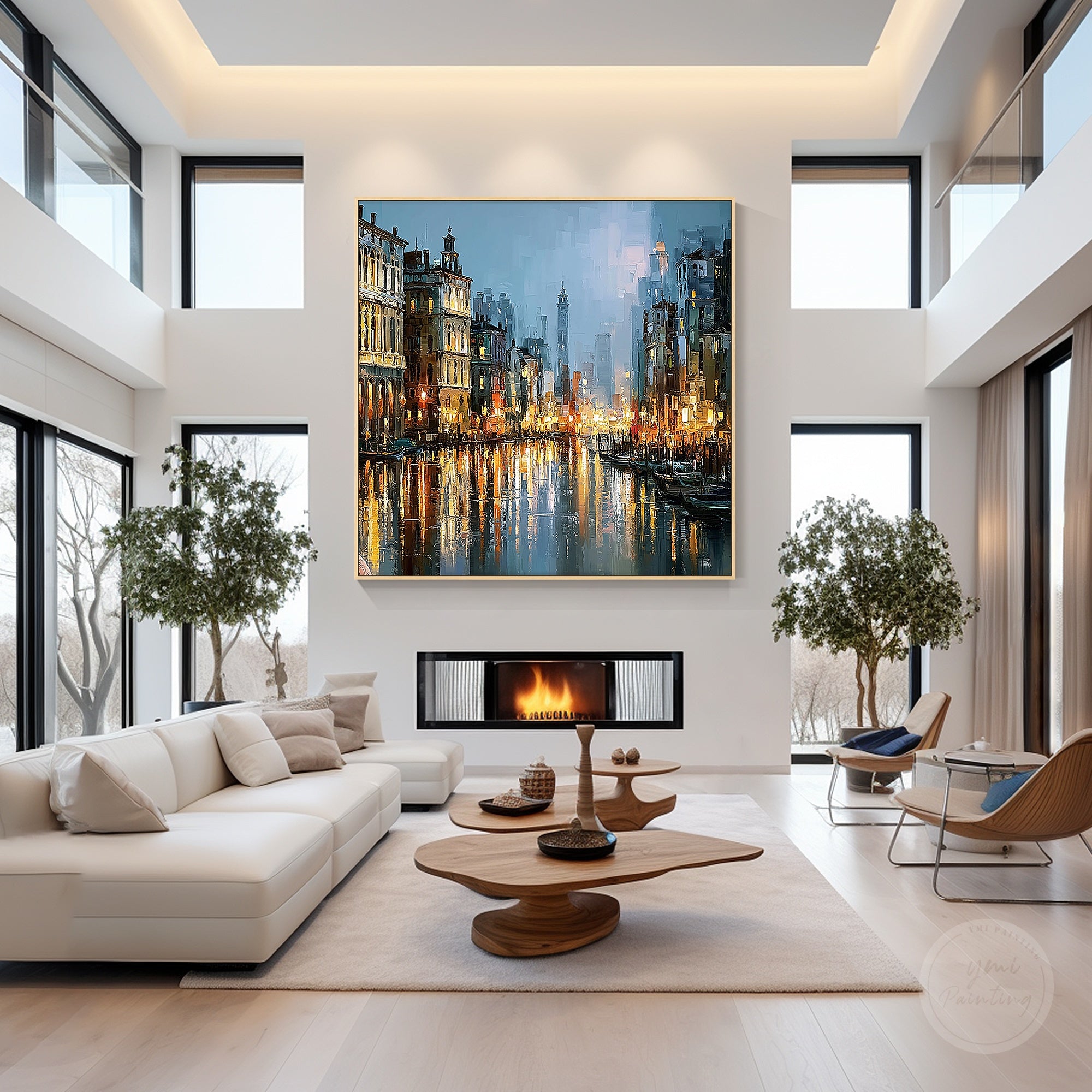 Contemporary Venetian cityscape artwork with gondolas
