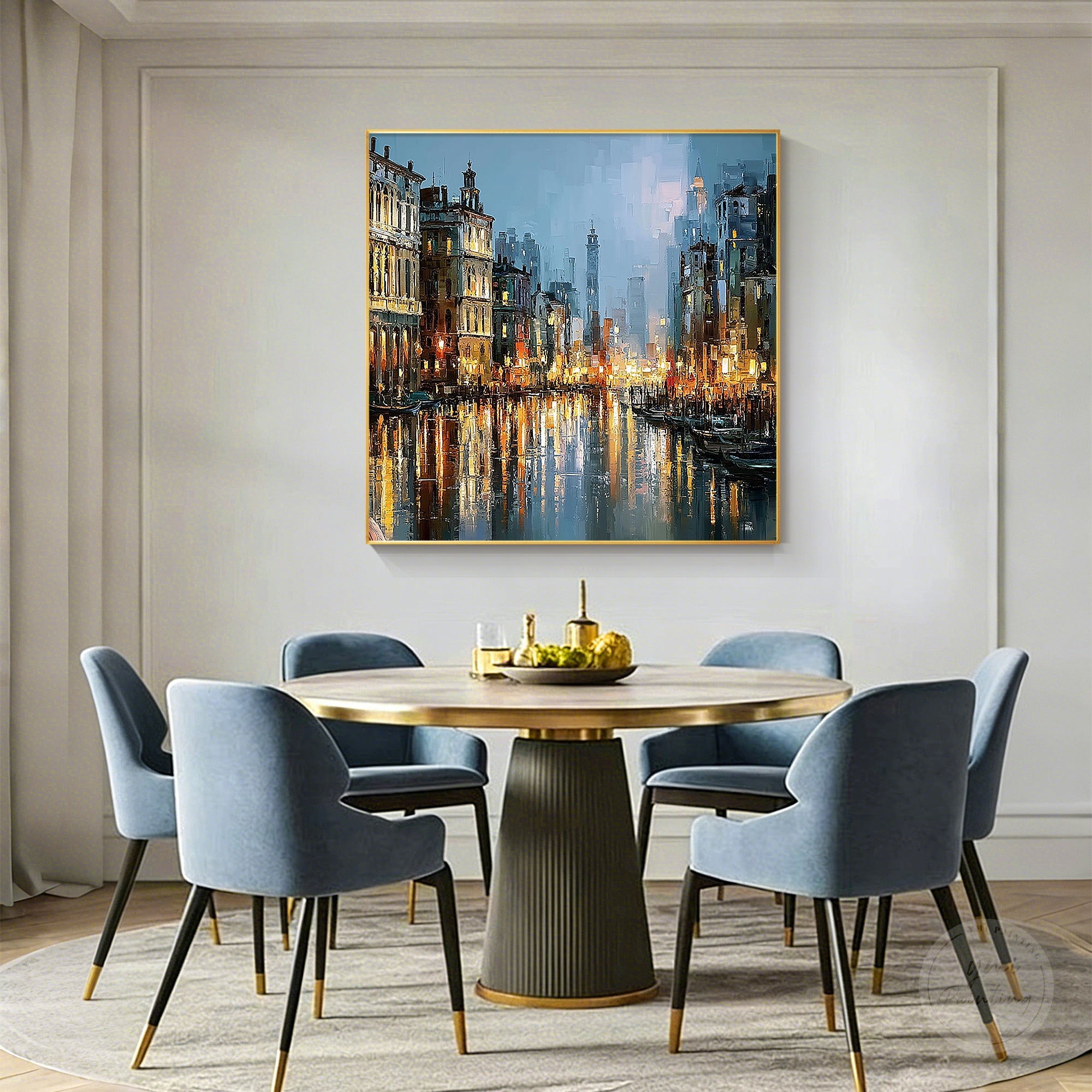 Venice canal painting with blue and golden evening tones