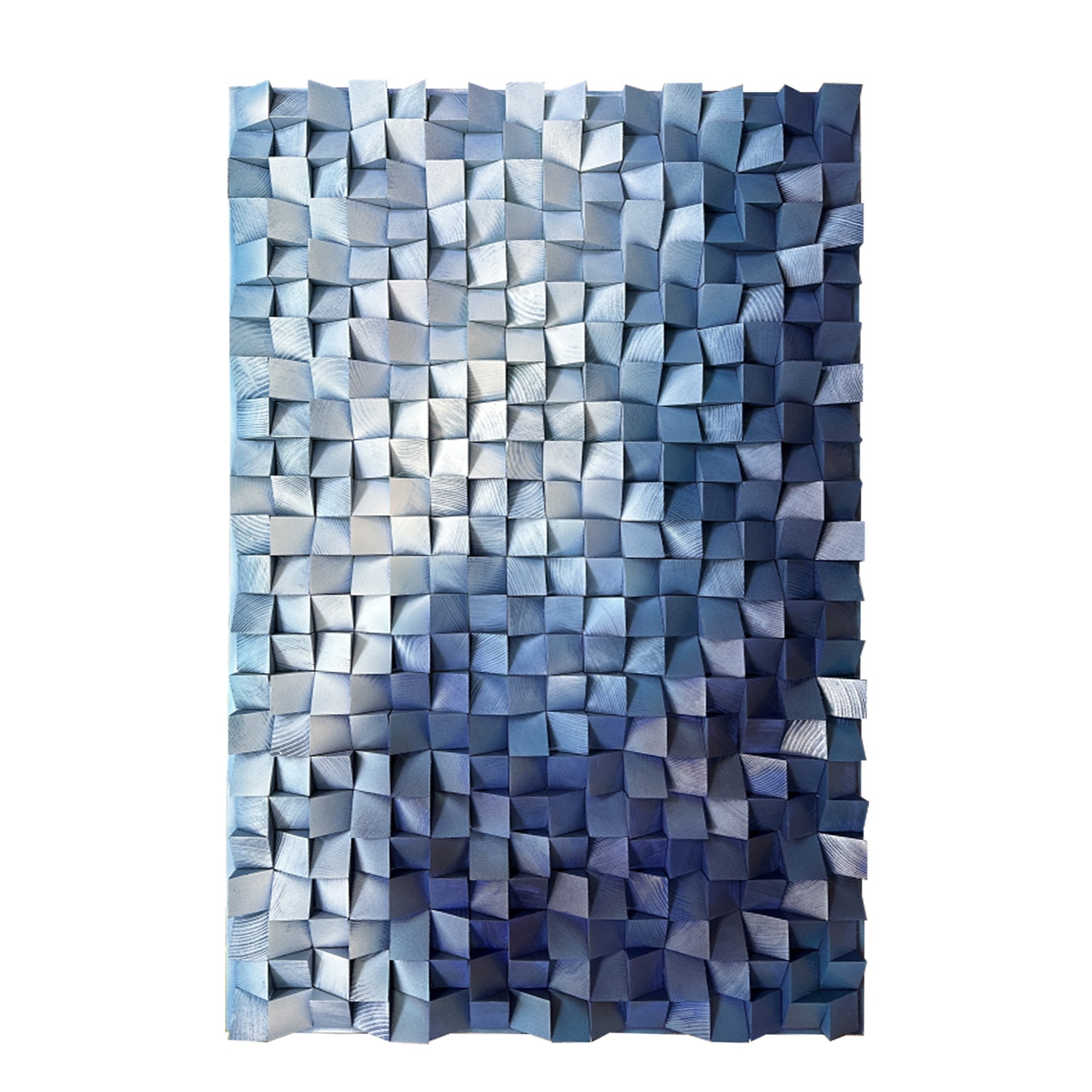 Abstract artwork featuring 3D cubes with gradient blue wood on a light gray background, creating depth and modern elegance.