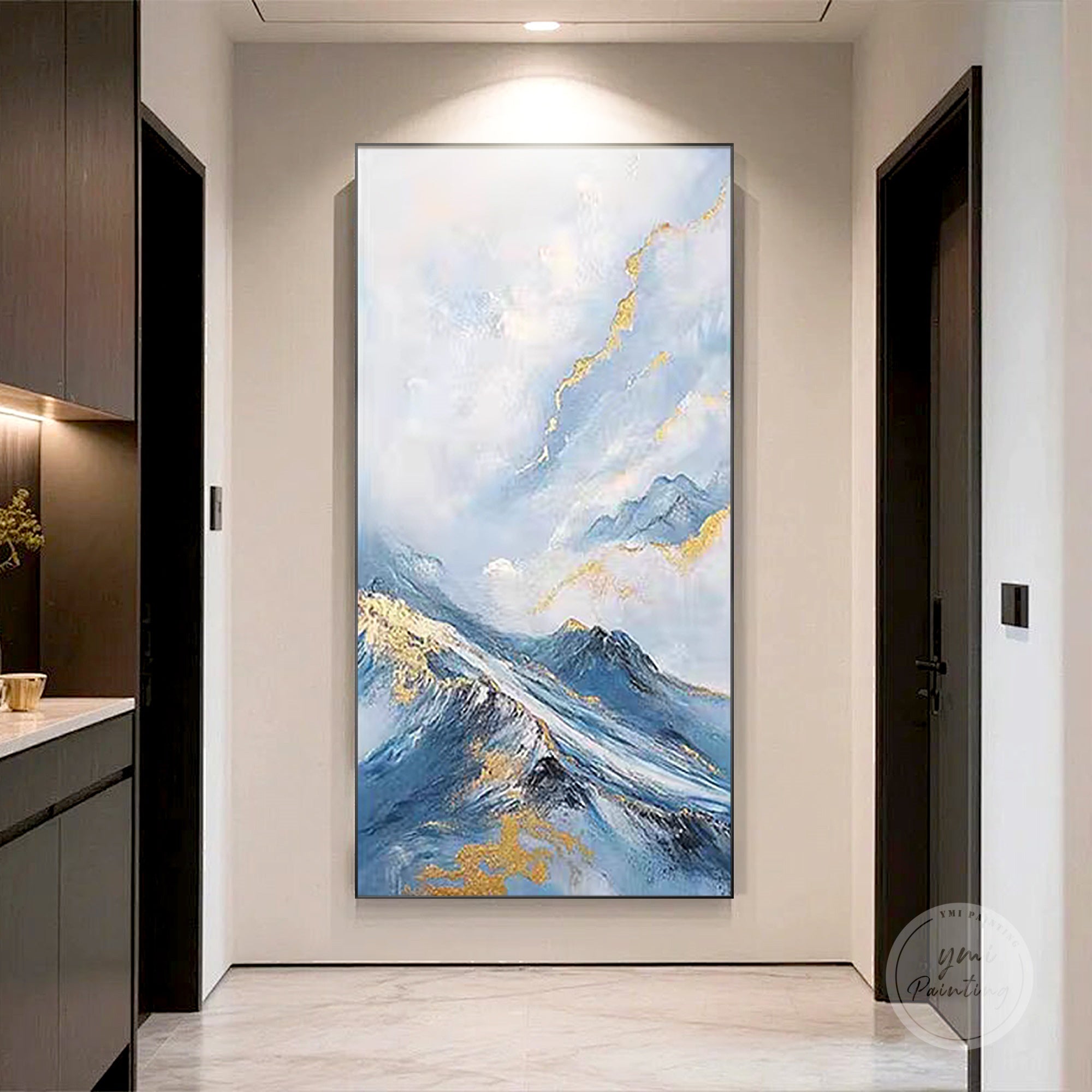 Vertical abstract mountain artwork styled in a luxury bedroom, sophisticated gift for couples