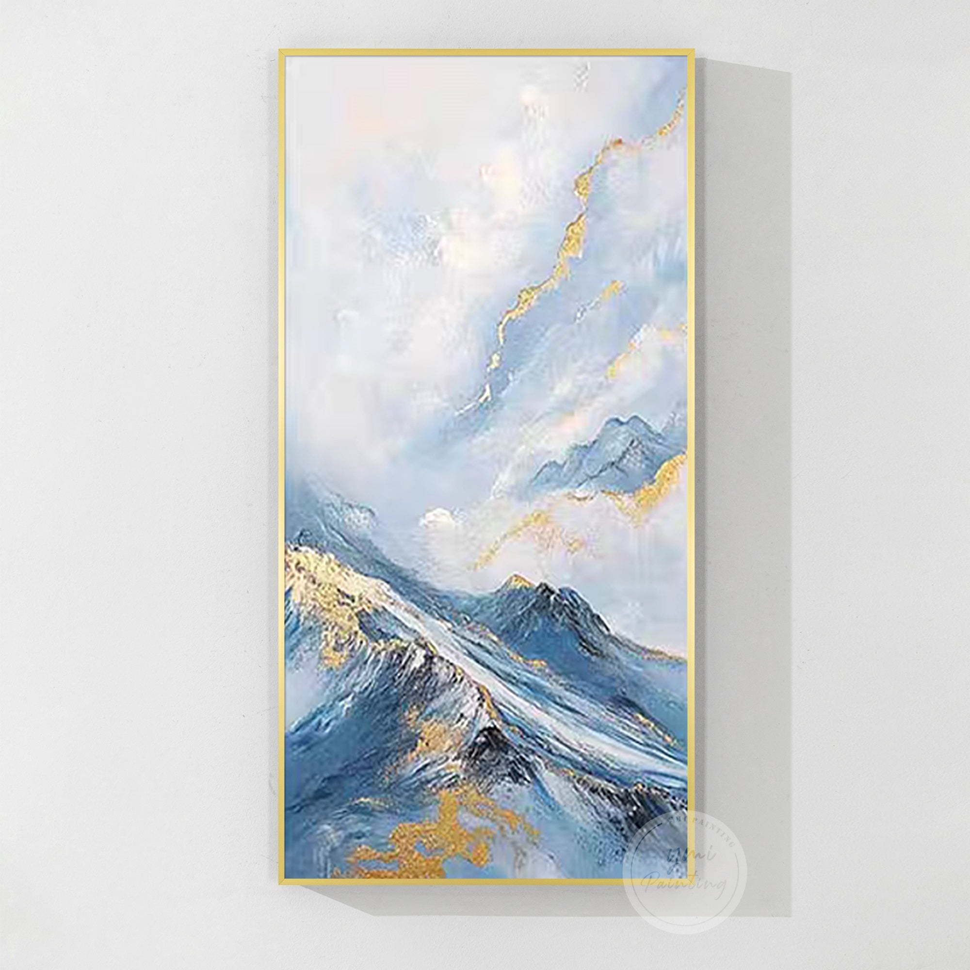 Abstract vertical landscape painting hanging in a calm reading space, thoughtful gift for collectors