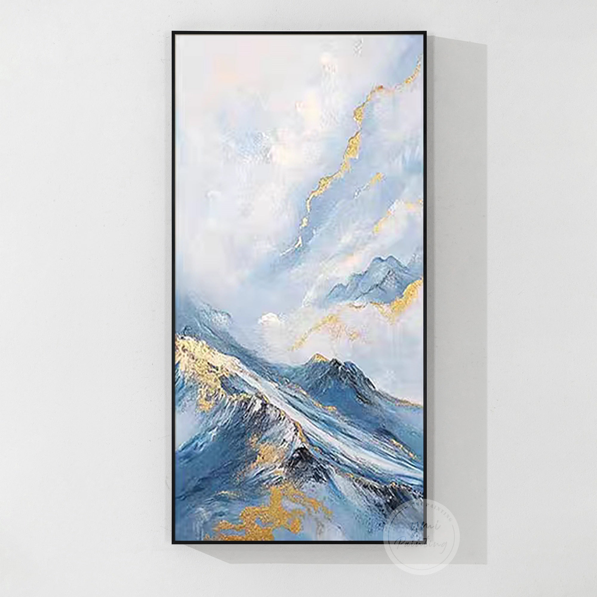 Blue abstract mountain wall art displayed in a high-end apartment, stylish gift for homeowners