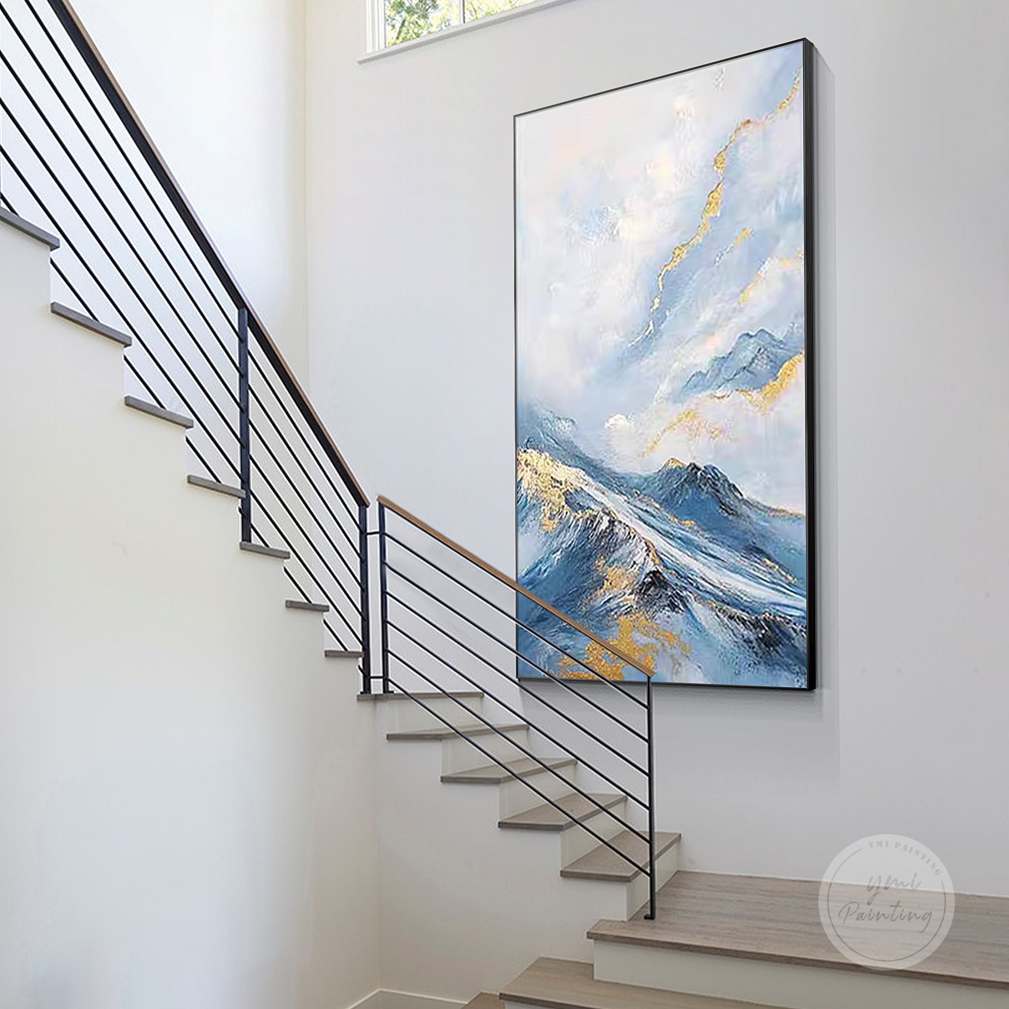 Textured abstract mountain wall art hanging in a serene bedroom space, elegant gift for her