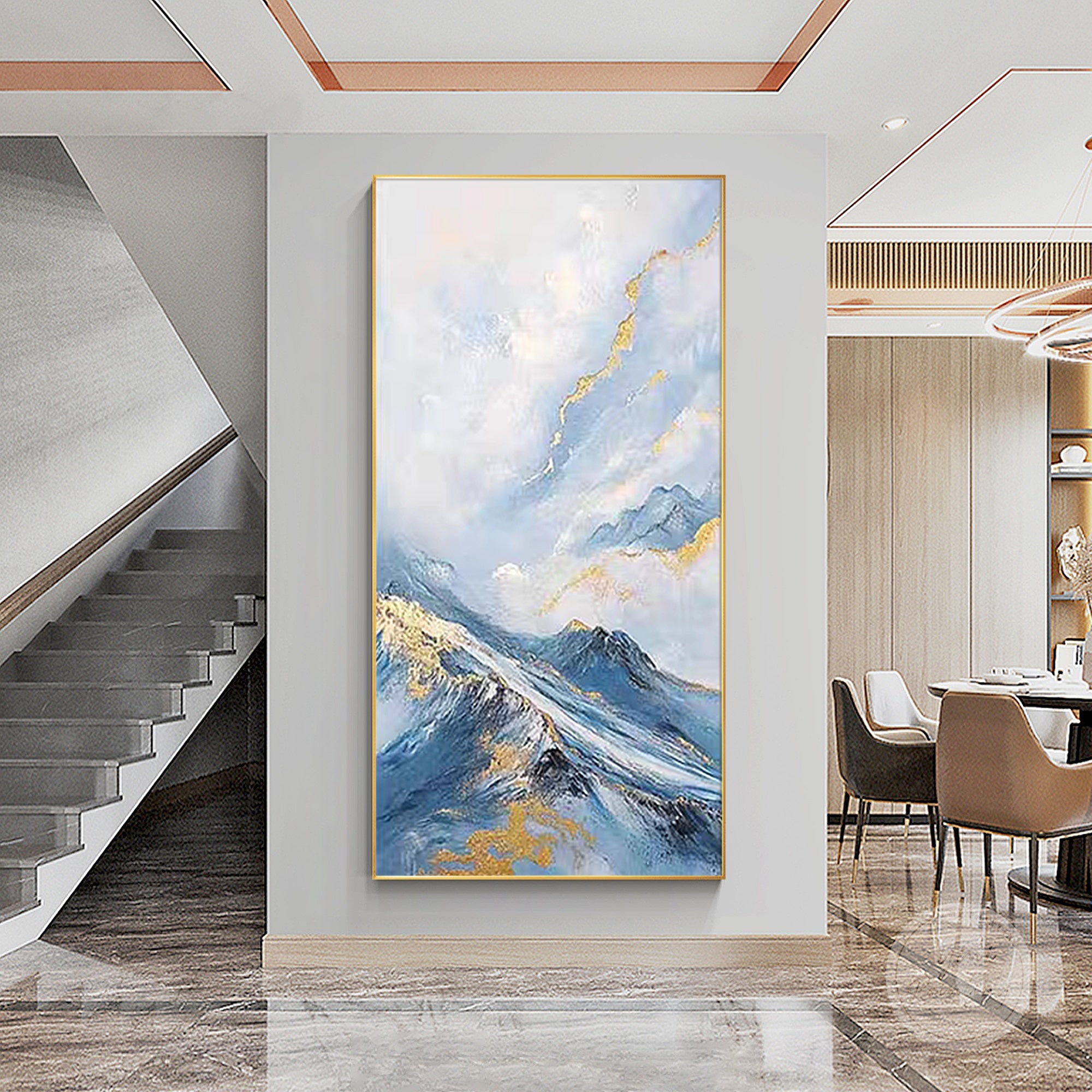 Modern abstract mountain painting displayed in a contemporary living area, refined anniversary gift