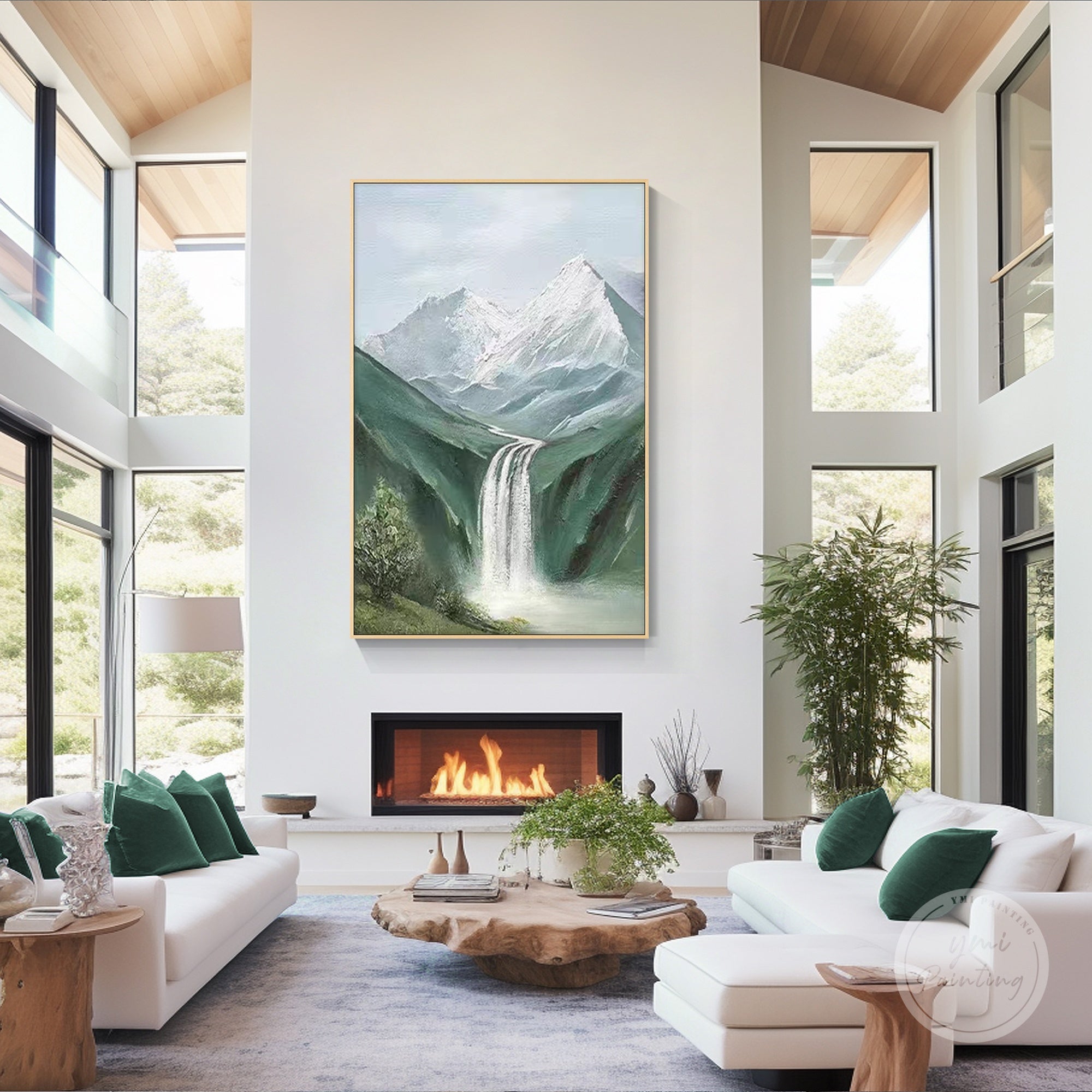 Mountain waterfall artwork displayed in an executive office, premium gift for professionals
