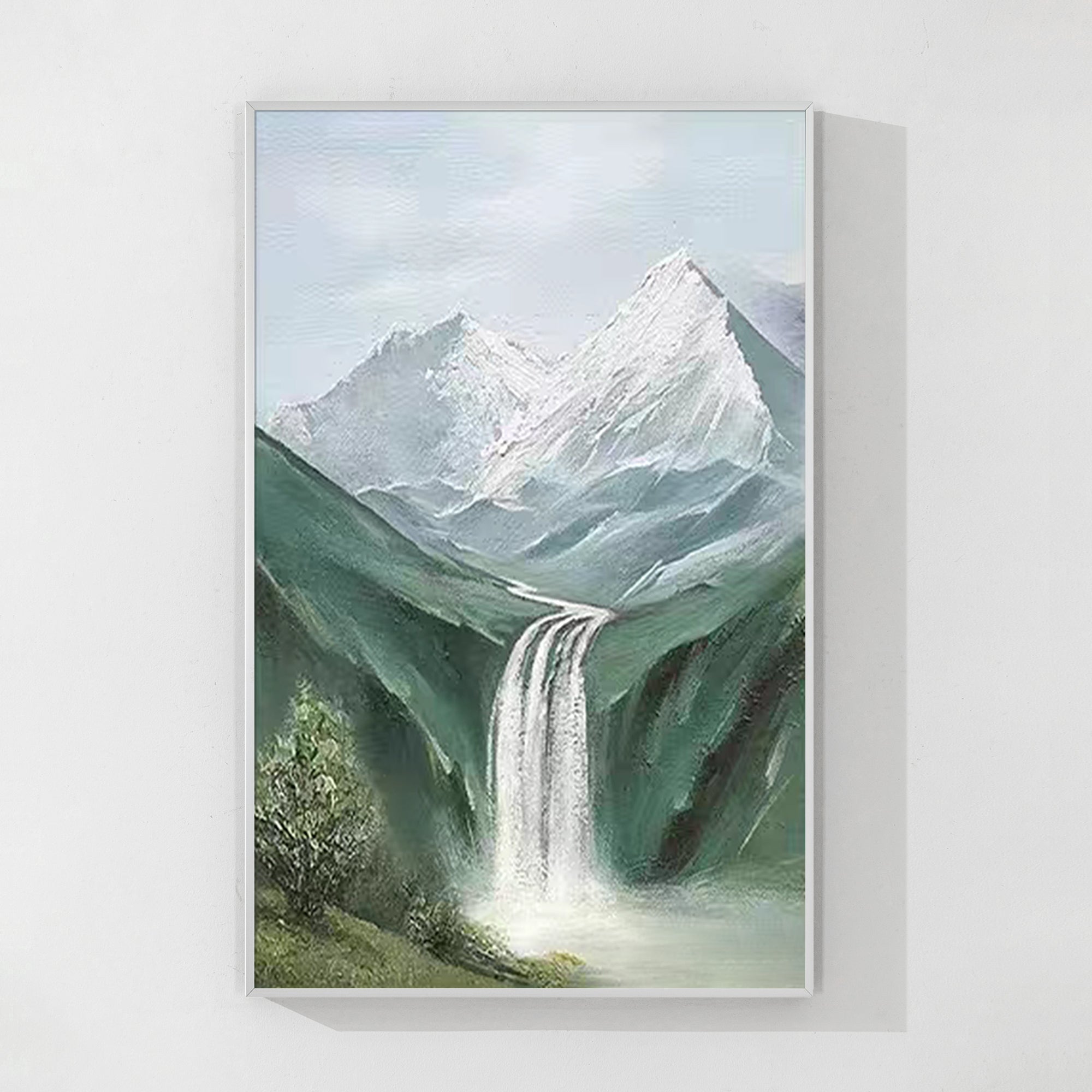 Vertical waterfall mountain wall art displayed in a modern living room, elegant gift for nature lovers