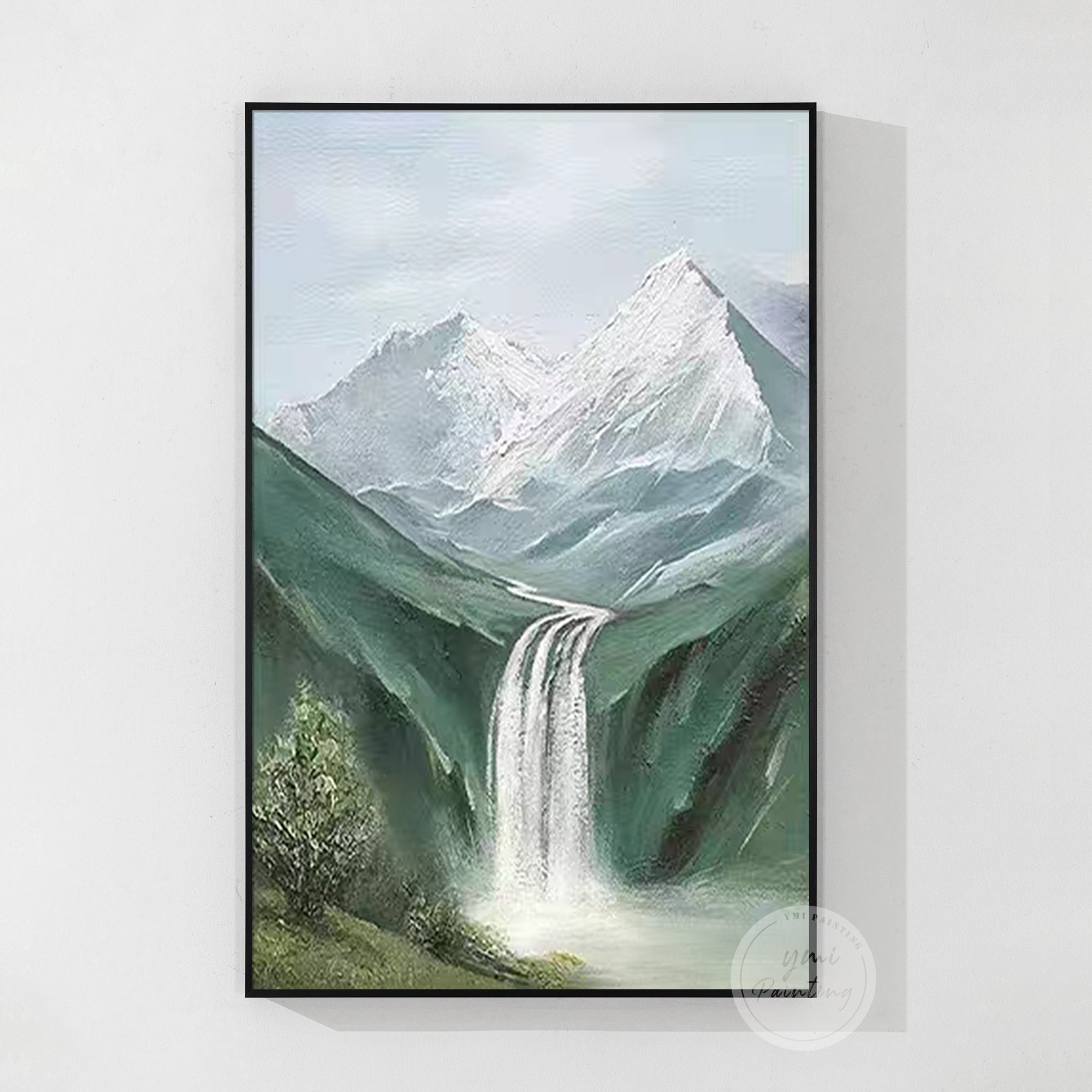 Impressionist waterfall mountain painting hanging in a quiet reading space, thoughtful gift for art lovers