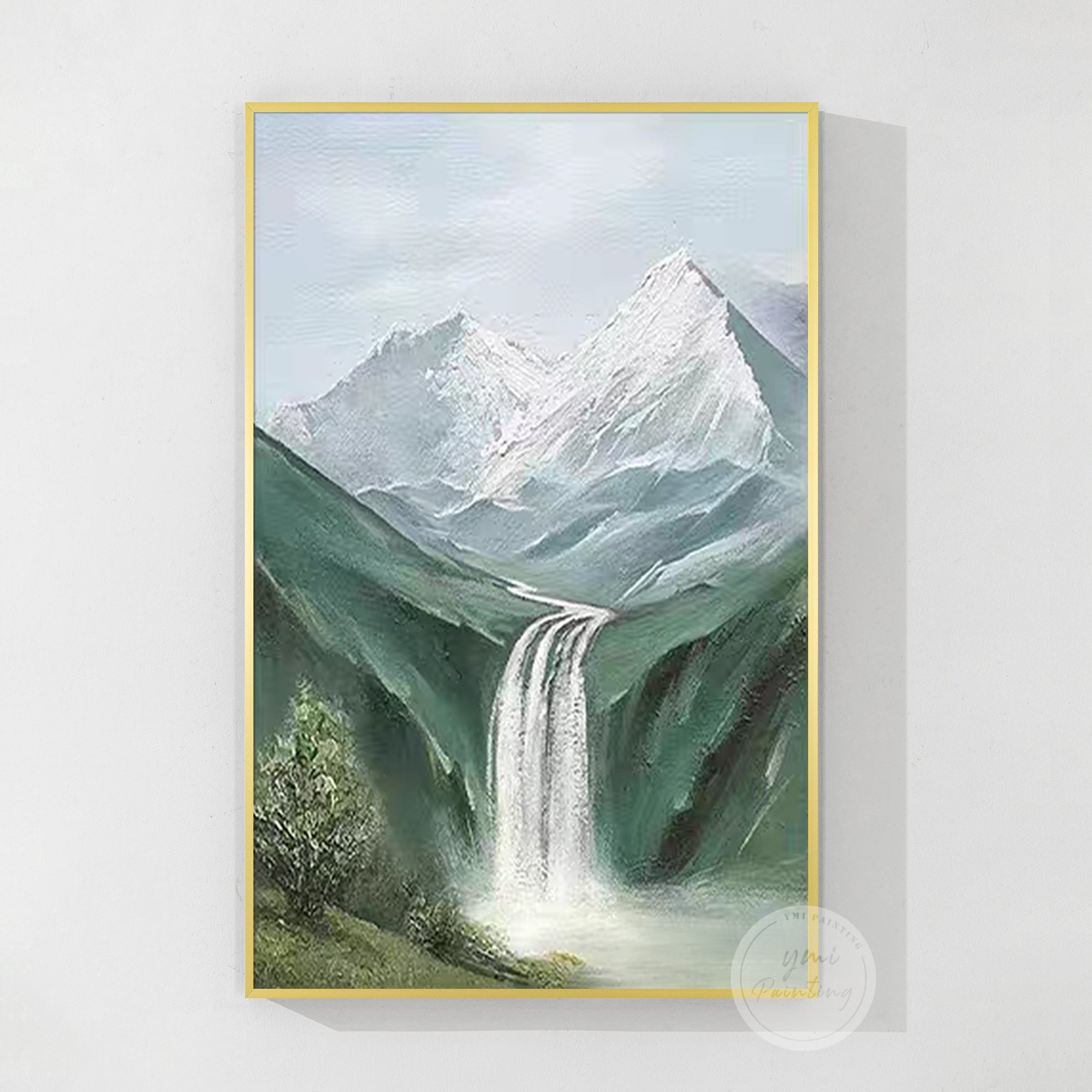 Waterfall mountain painting above a console table in a modern hallway, tasteful new home gift