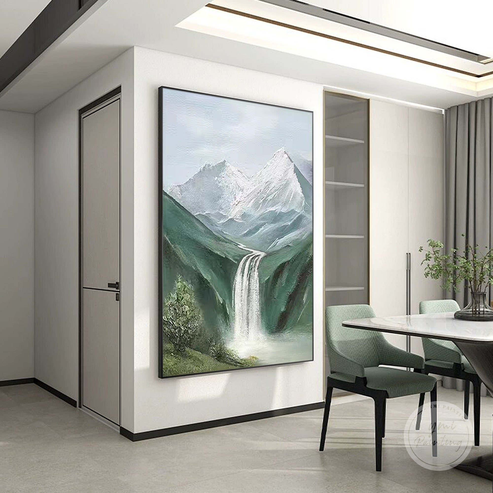 Modern mountain waterfall painting displayed in a contemporary living area, refined anniversary gift