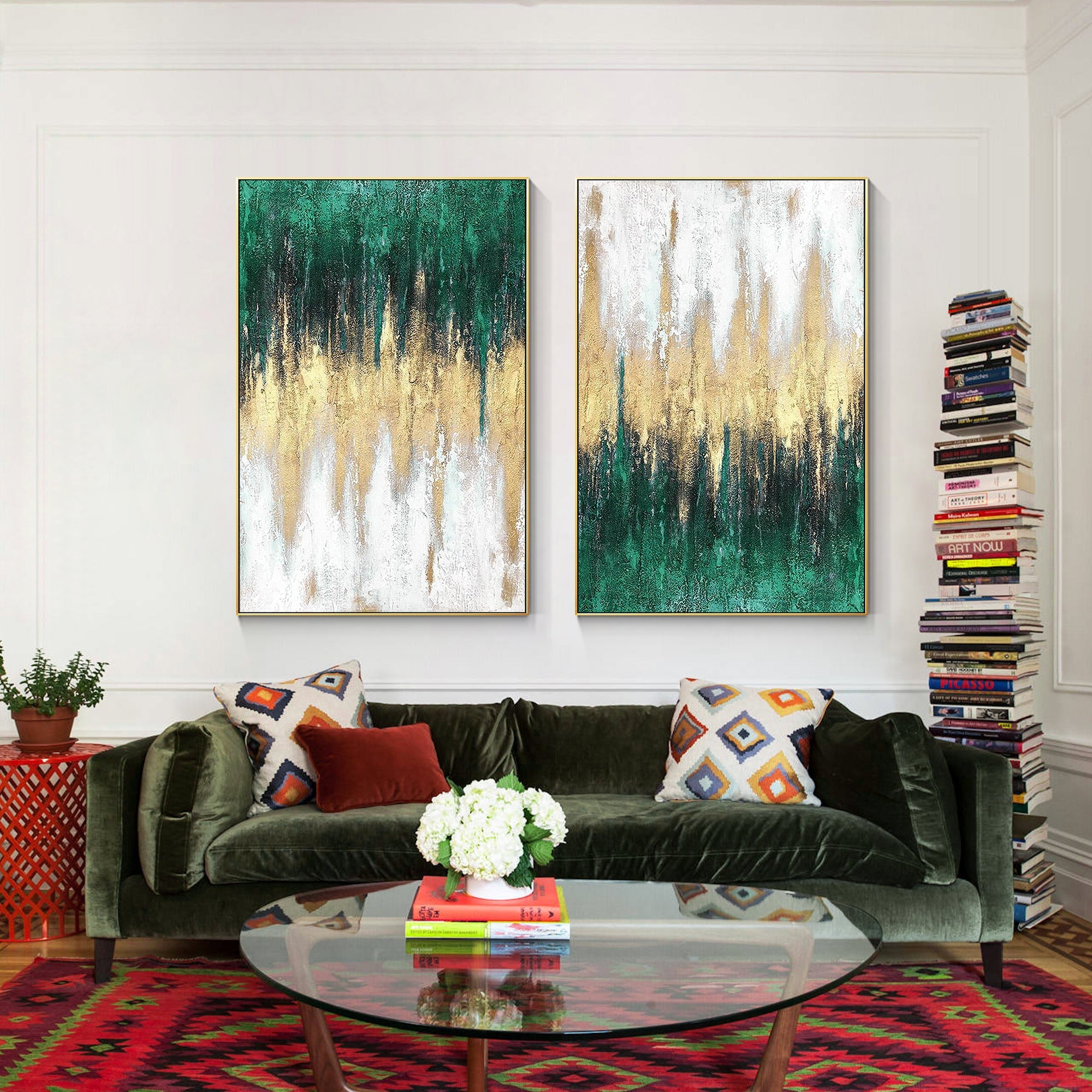 Vertical Green Gold White Abstract Painting Set of 2 Display