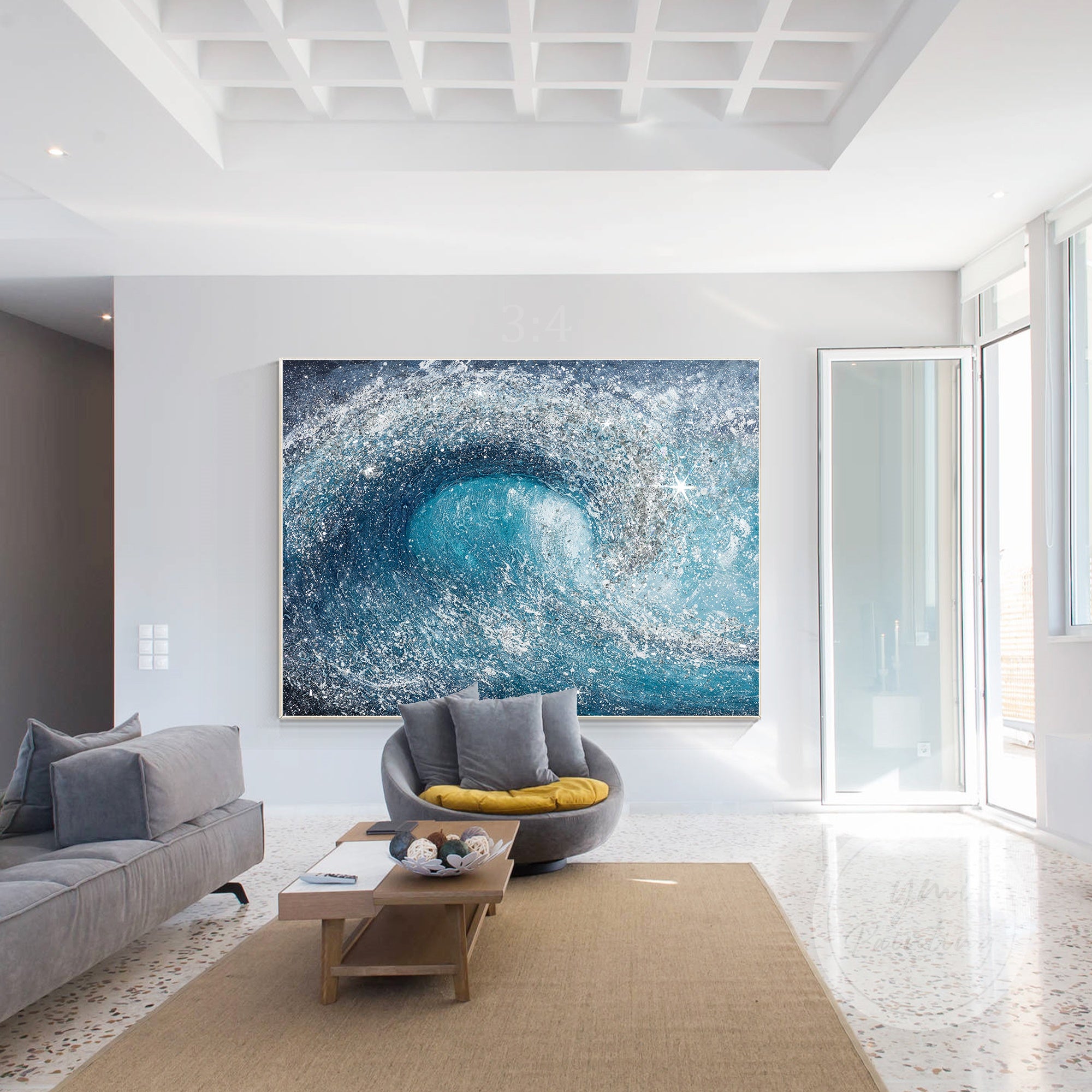 Textured ocean wave artwork with sparkling accents