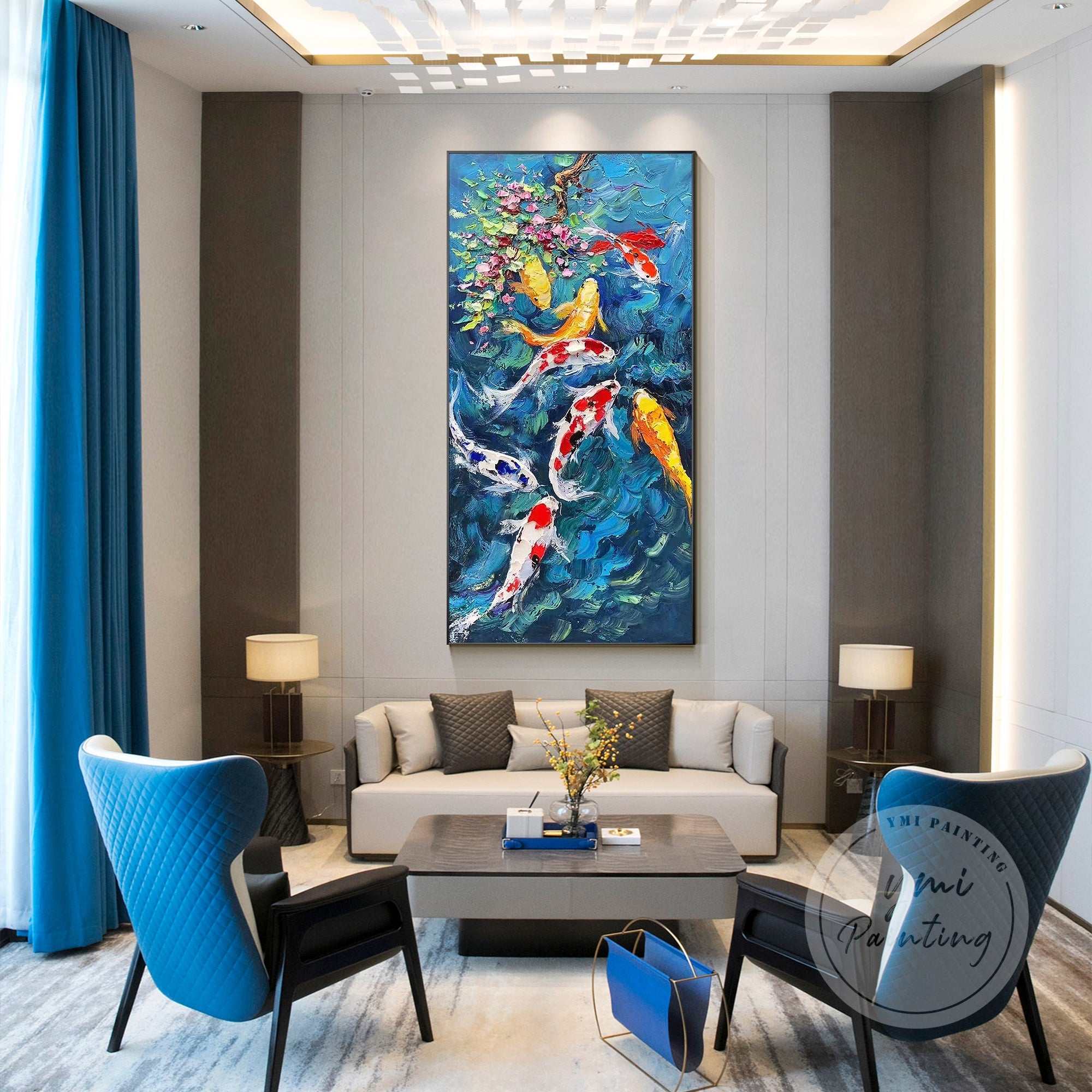 Abstract koi fish wall art with nature elements – Feng Shui living room decor