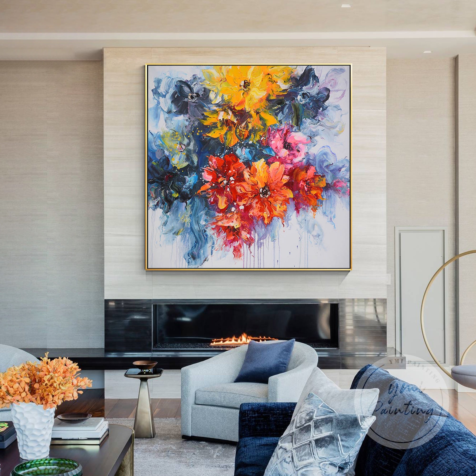 This multicolor floral painting showcases bold petals and artistic strokes, making it a perfect fit for soft and contemporary interior designs.