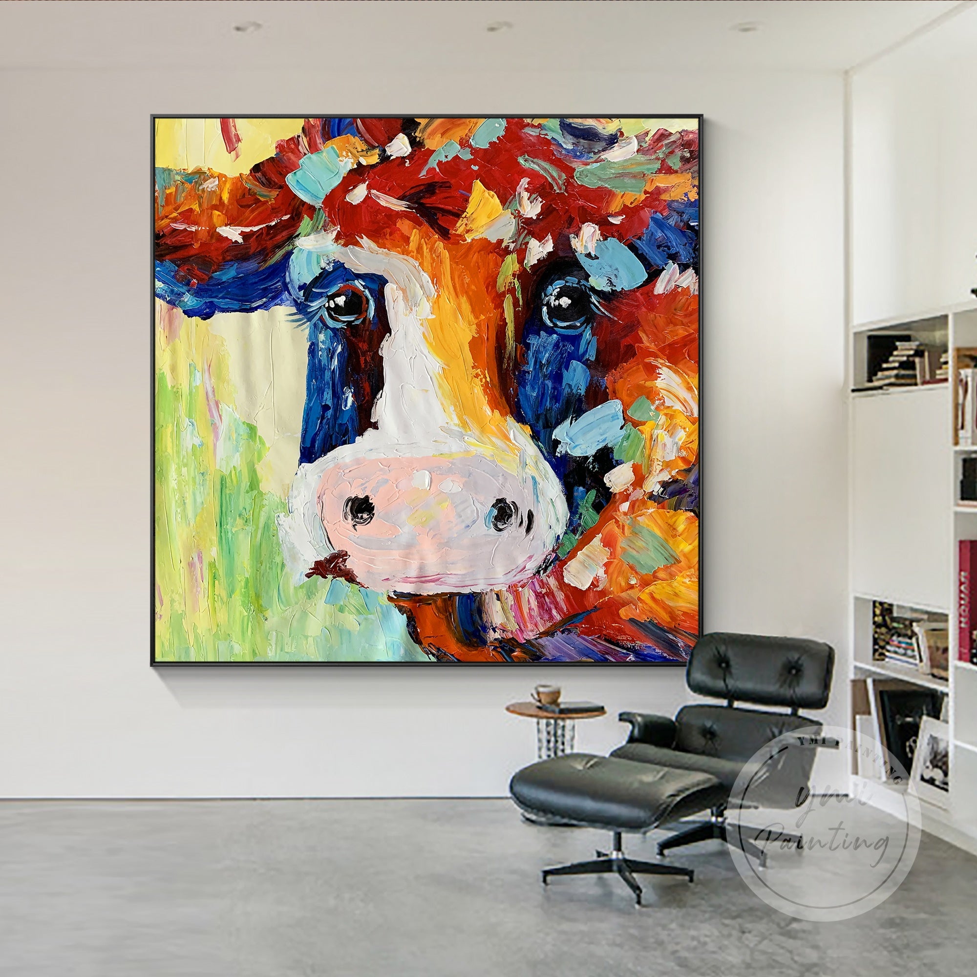 This lively cow painting, created with palette knife technique, adds a burst of color and whimsy to your living room decor.