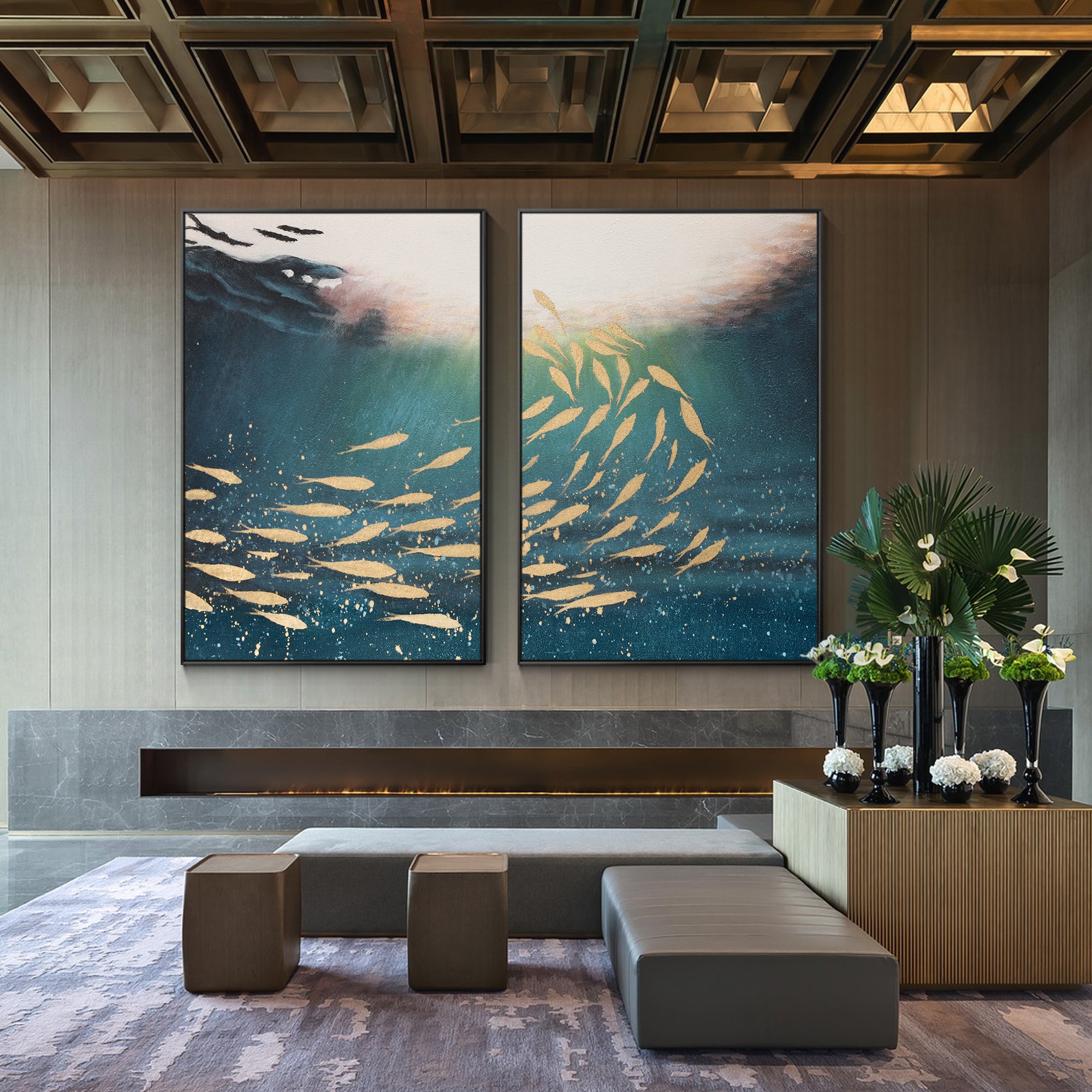 Juego de 2 obras de arte de peces Koi dorados, arte de pared del océano azul marino