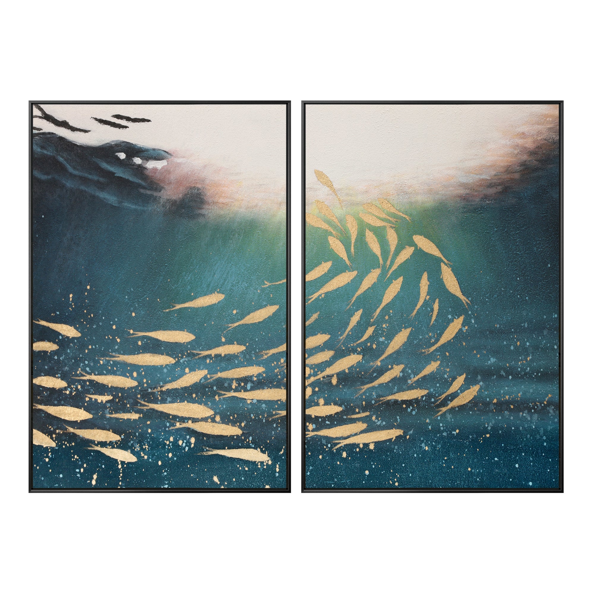 Set of 2 Gold Koi fish art,Navy ocean wall art