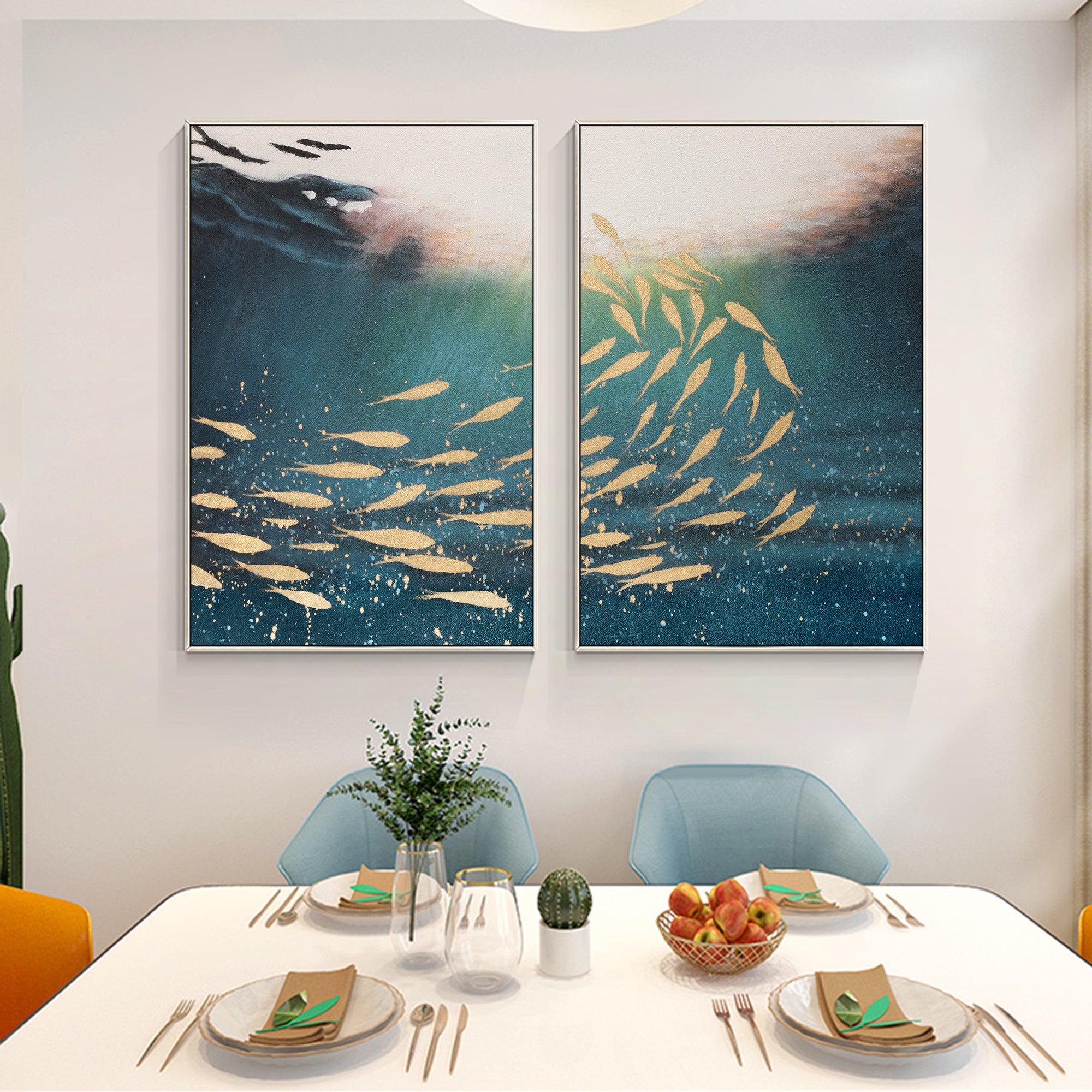 Juego de 2 obras de arte de peces Koi dorados, arte de pared del océano azul marino