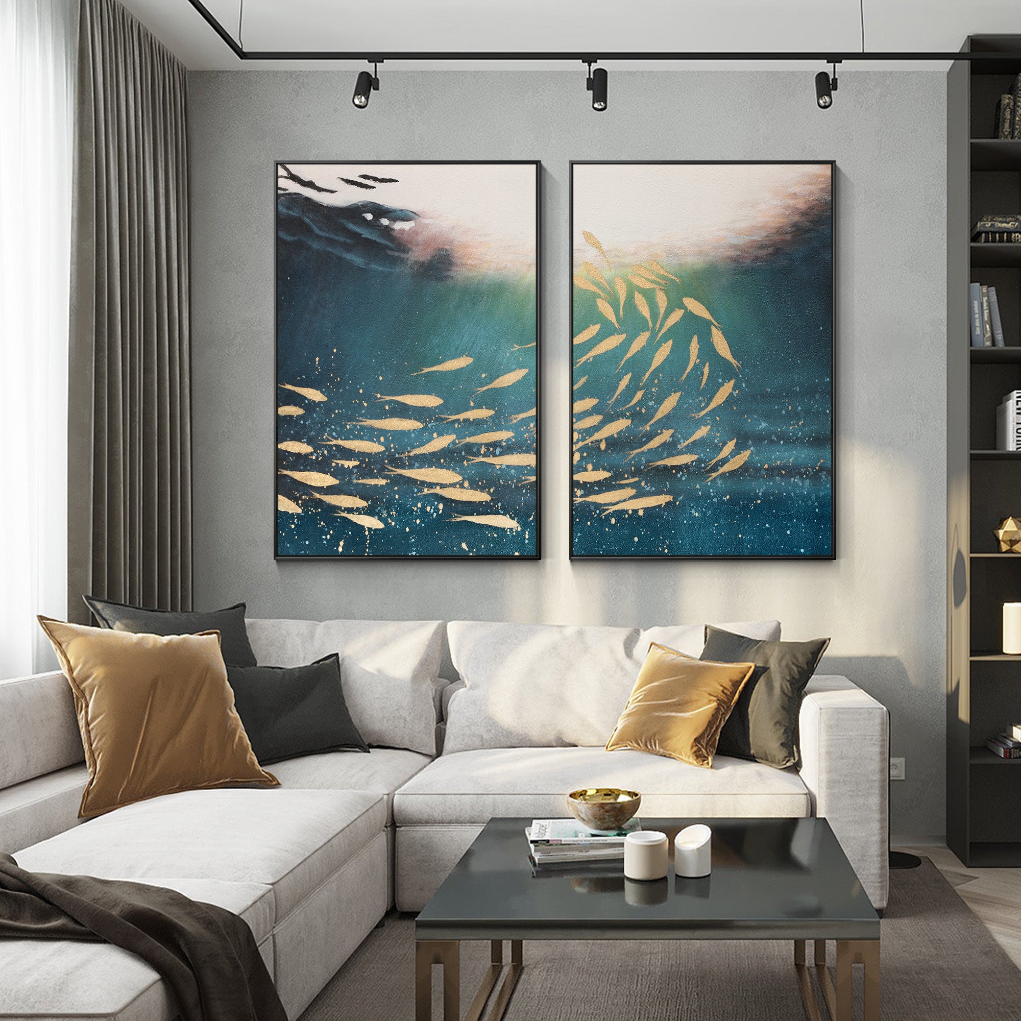 Juego de 2 obras de arte de peces Koi dorados, arte de pared del océano azul marino