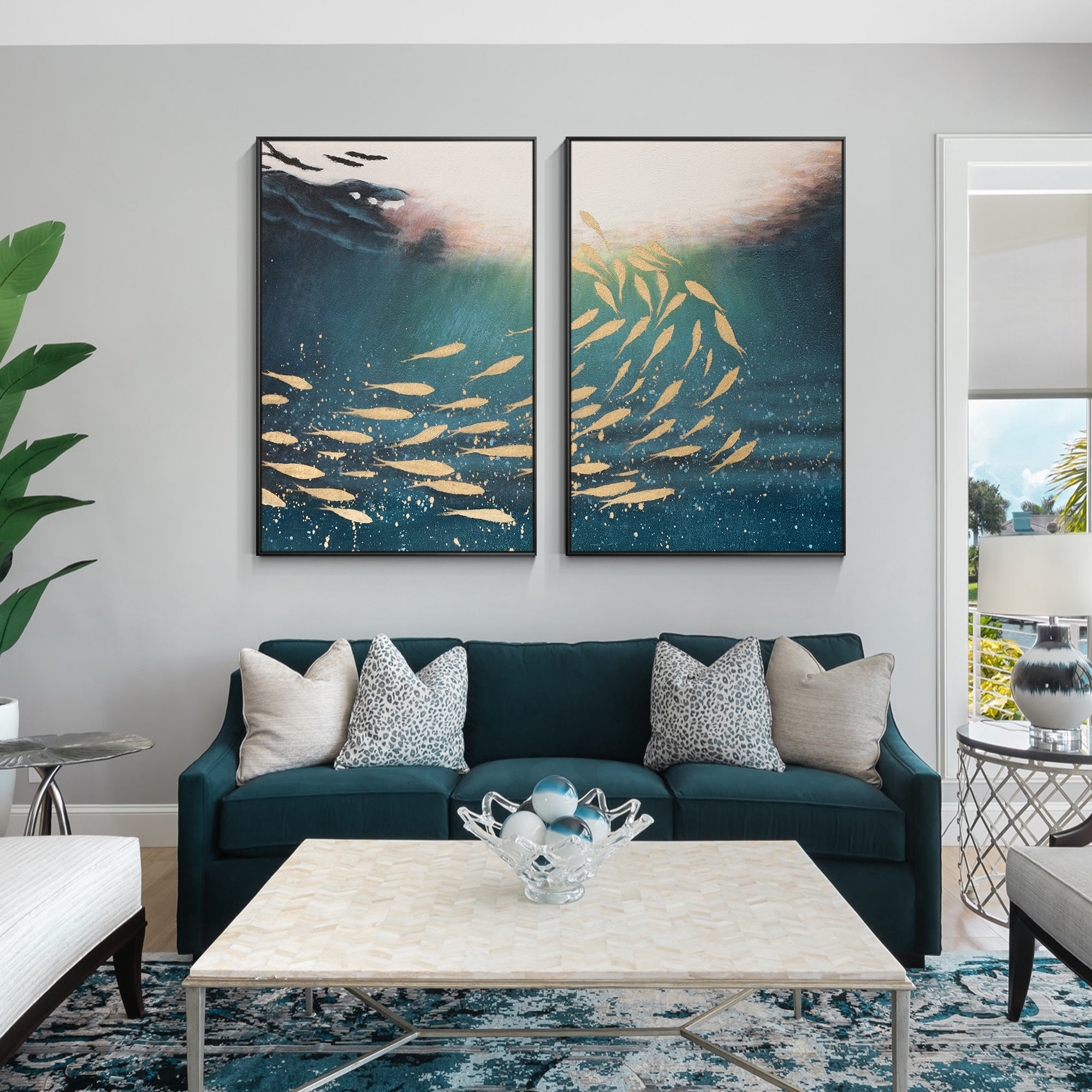 Juego de 2 obras de arte de peces Koi dorados, arte de pared del océano azul marino