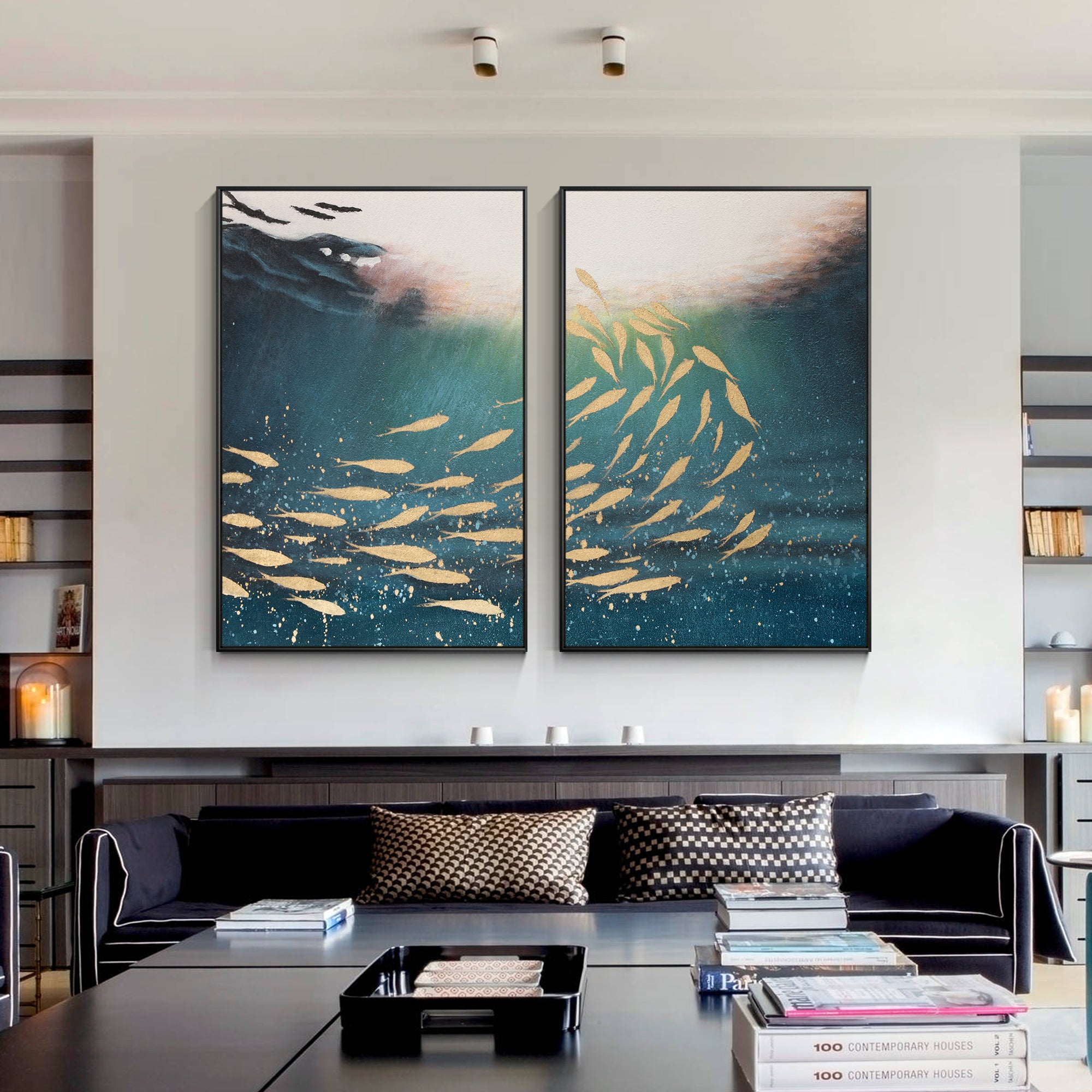 Juego de 2 obras de arte de peces Koi dorados, arte de pared del océano azul marino