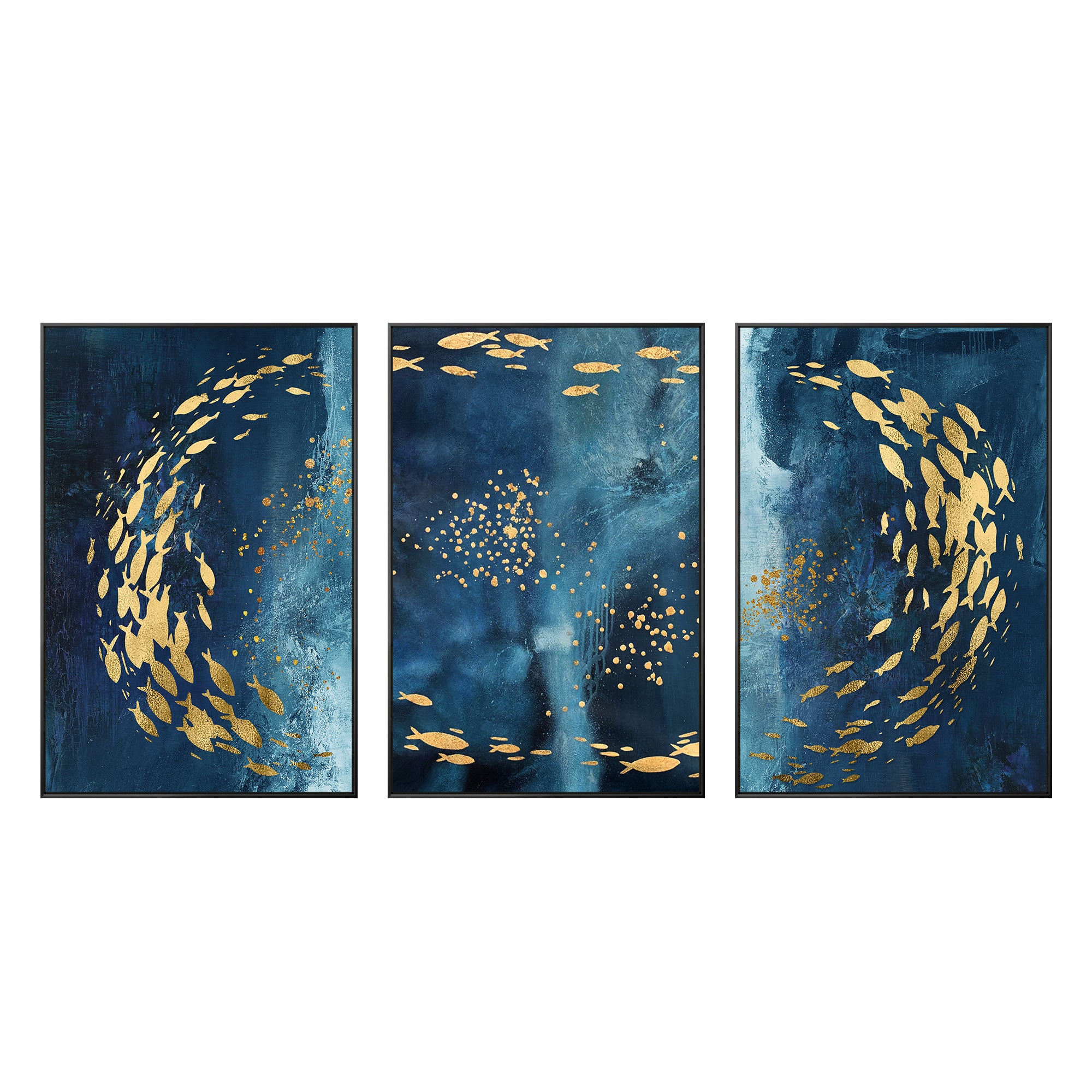 Arte de pared abstracto enmarcado en azul marino y dorado con tres peces koi